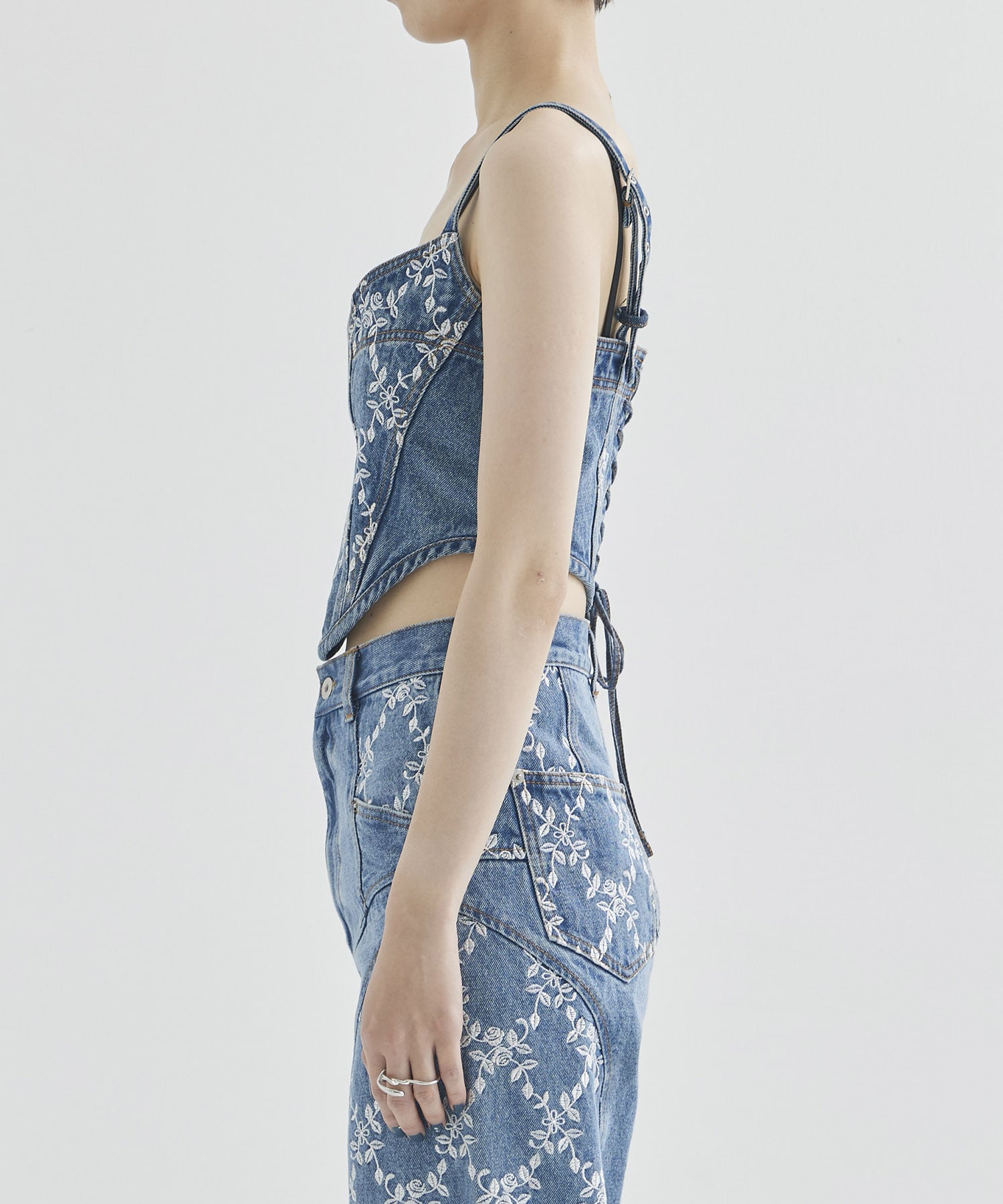 FLOWER EMBROIDERED DENIM BUSTIER FETICO