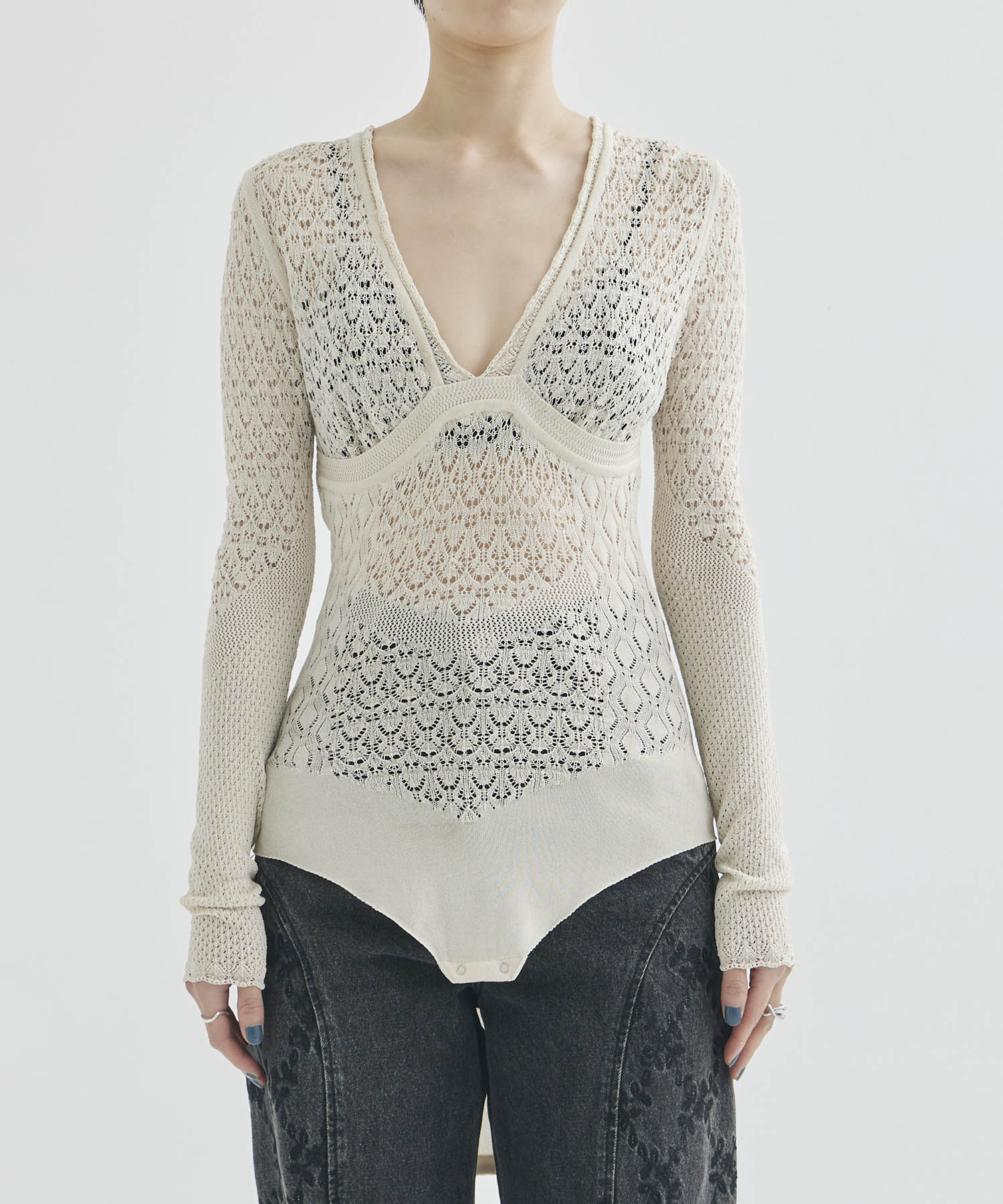 LACE KNIT V-NECK BODYSUITS FETICO