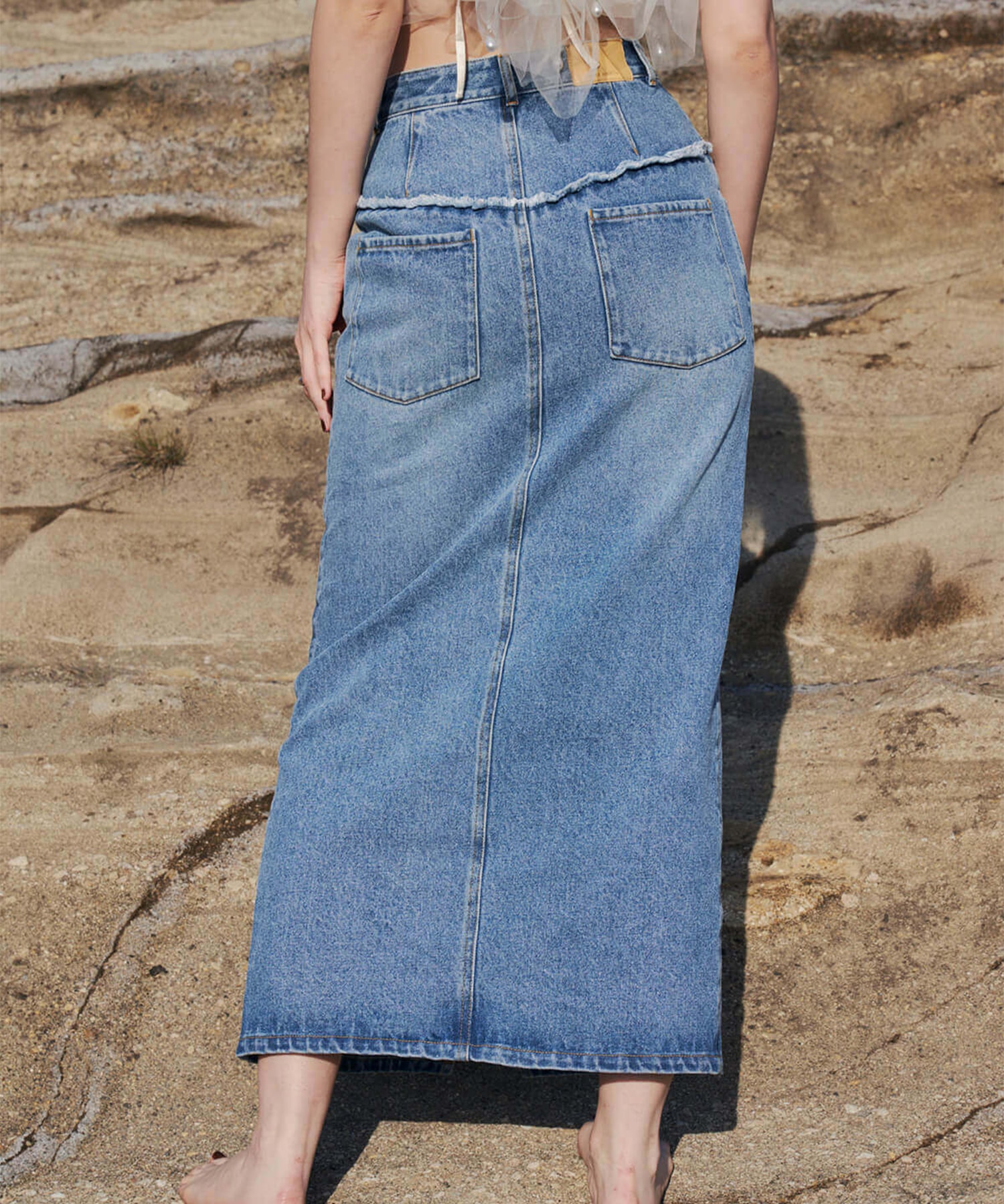 DENIM LONG SKIRT with PEARL JOSEMOON