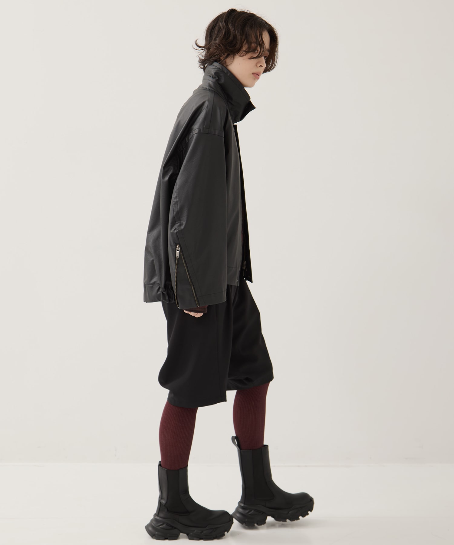 Faux Leather Stand Collar Blouson STUDIOUS