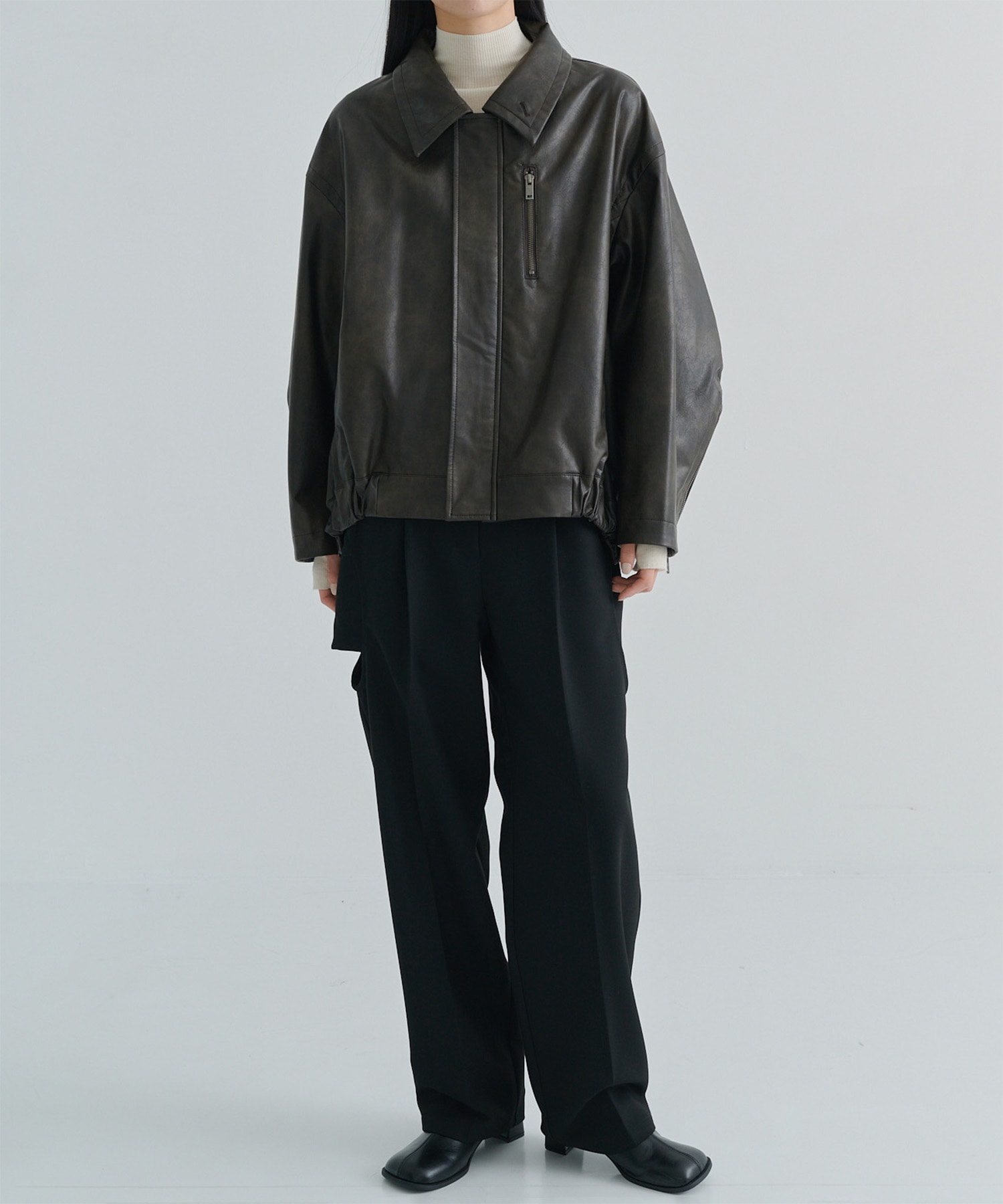 Faux Leather Stand Collar Blouson STUDIOUS