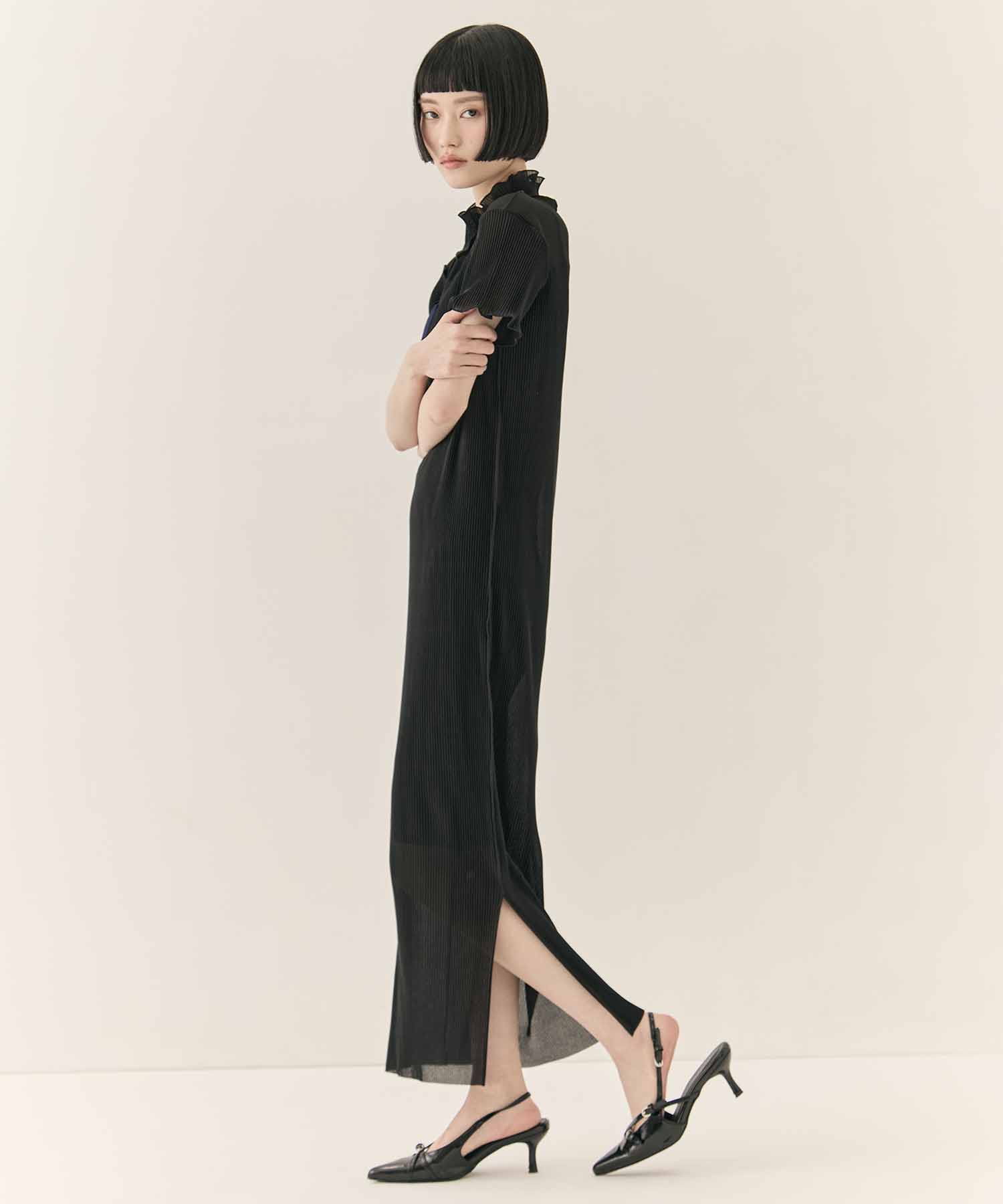 別注SHEER LAYERED SHORT SLEEVE HIGH NECK DRESS(S BLACK