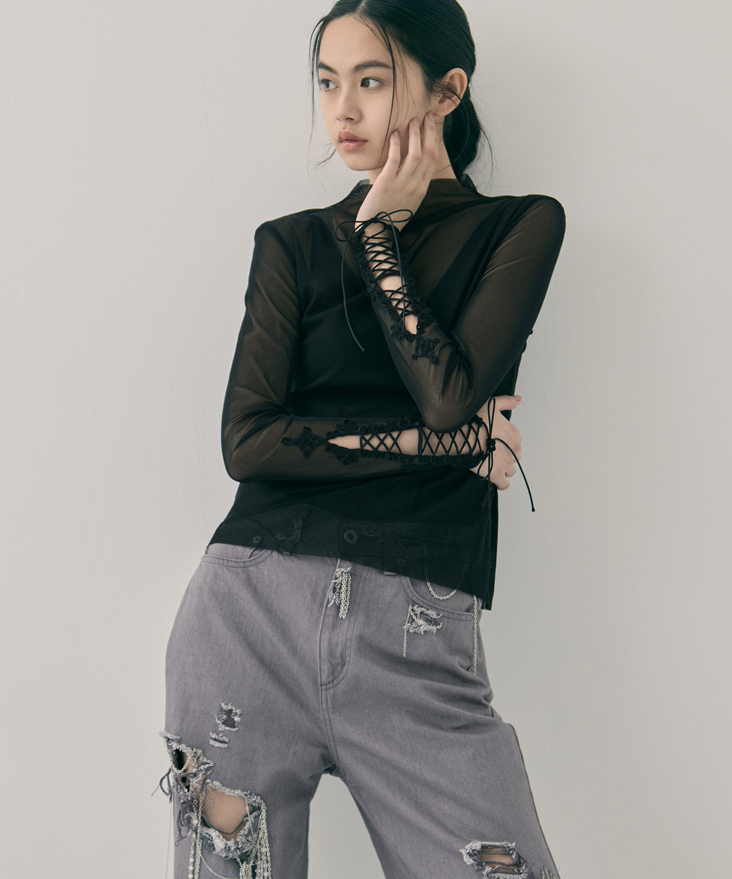 lace up sleeve sheer tops Beige tanakadaisuke
