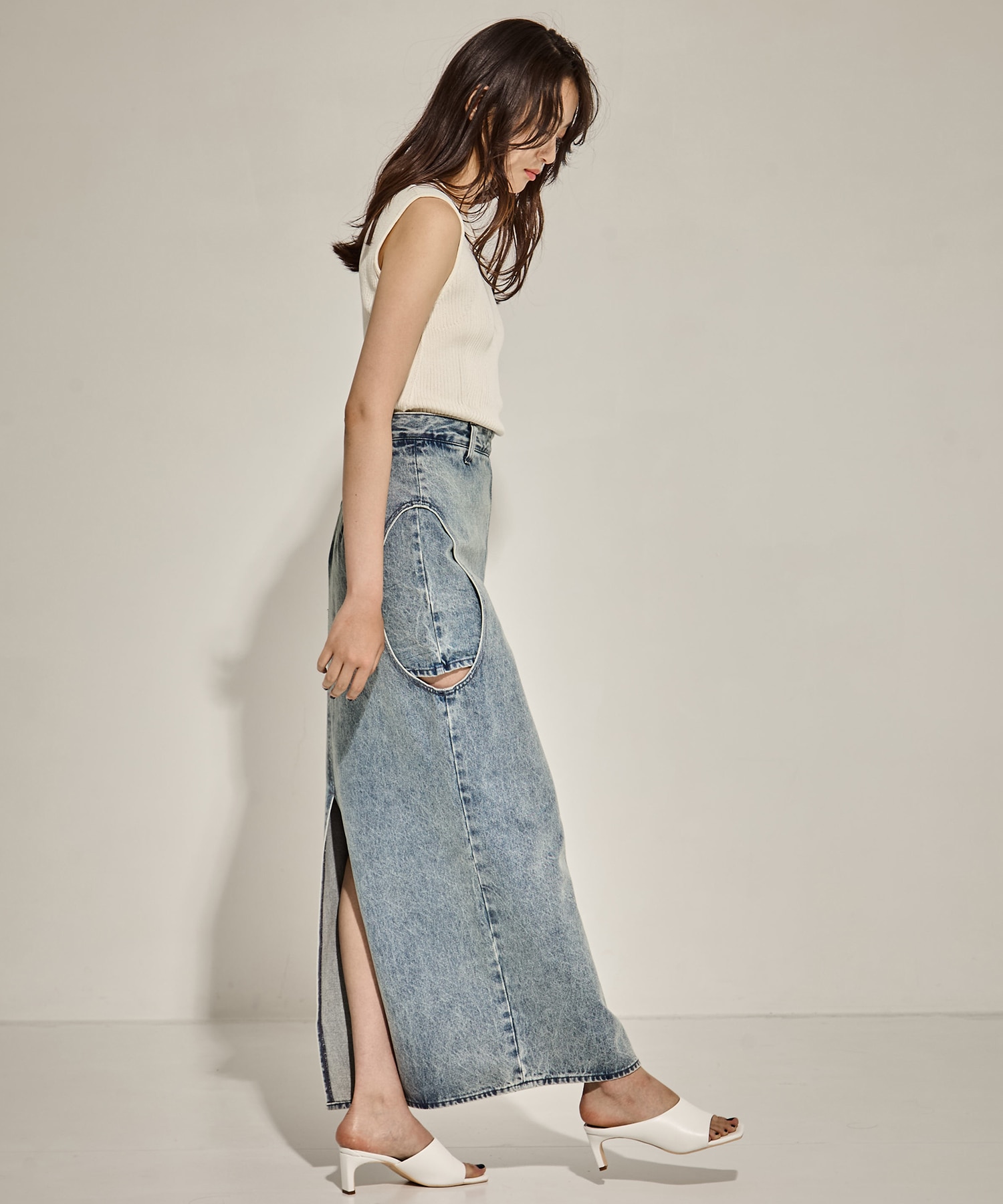 別注サークルカットデニムスカート CLANE