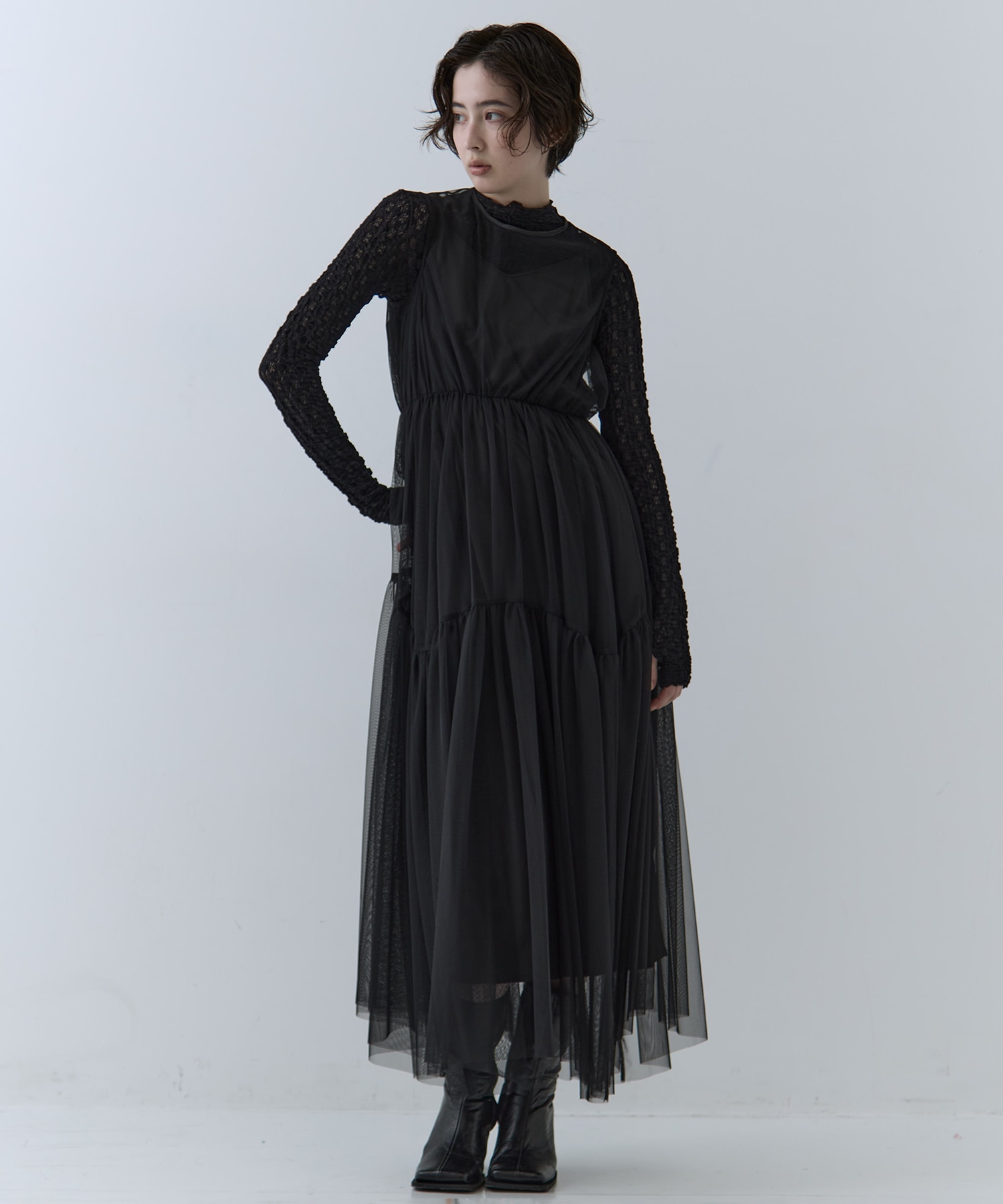 BLACK TULLE WAVE TIERED DRESS AMERI