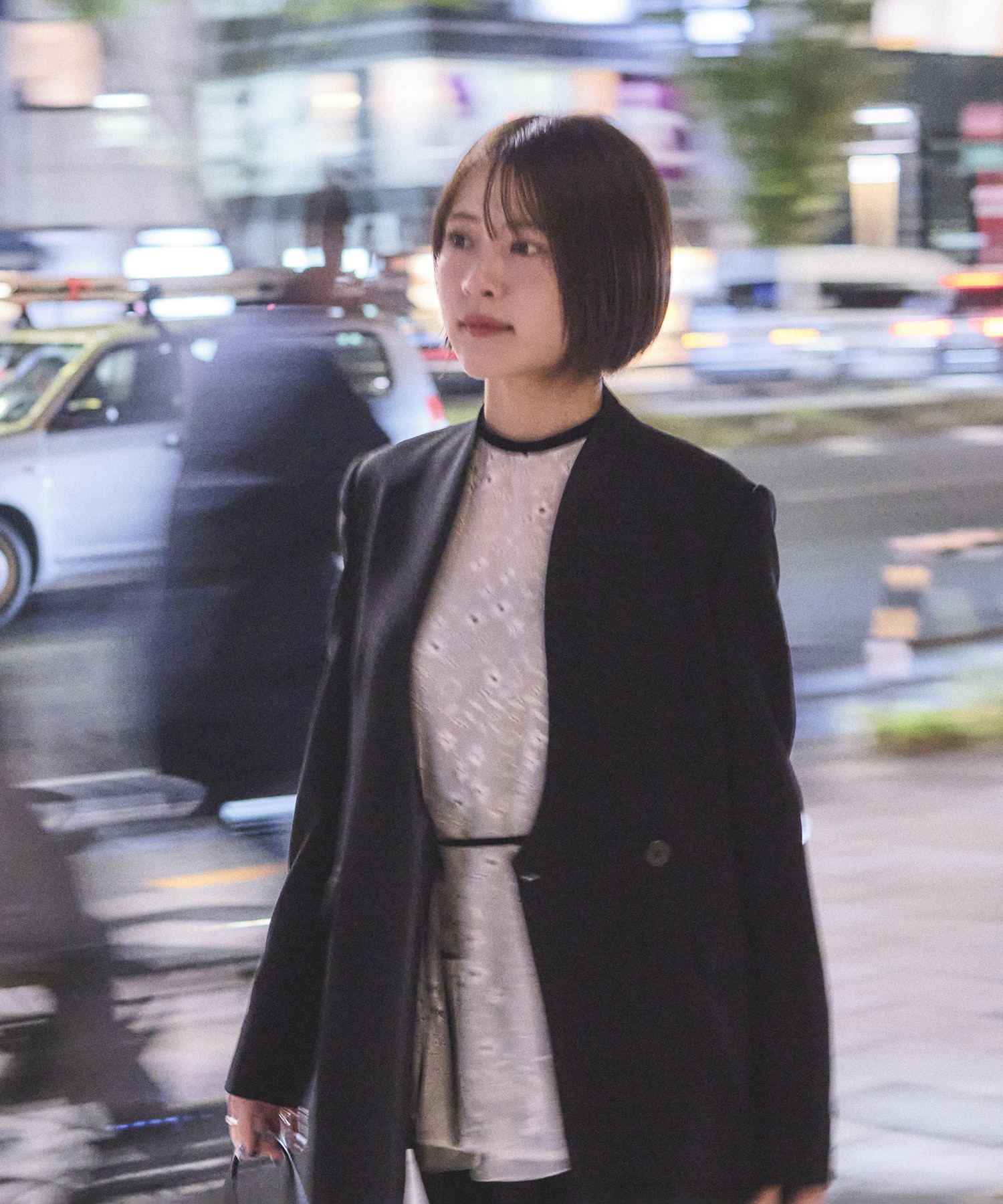 Acetate Polyester Collarless Double Breasted Suit Jacket Mame Kurogouchi