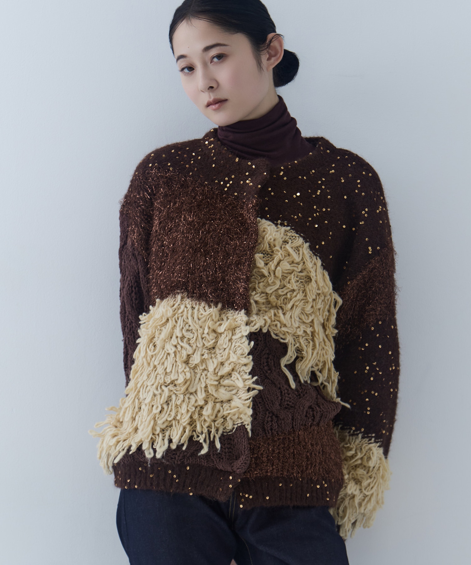 UND MIX YARN PATCHWORK KNIT CARDIGAN AMERI