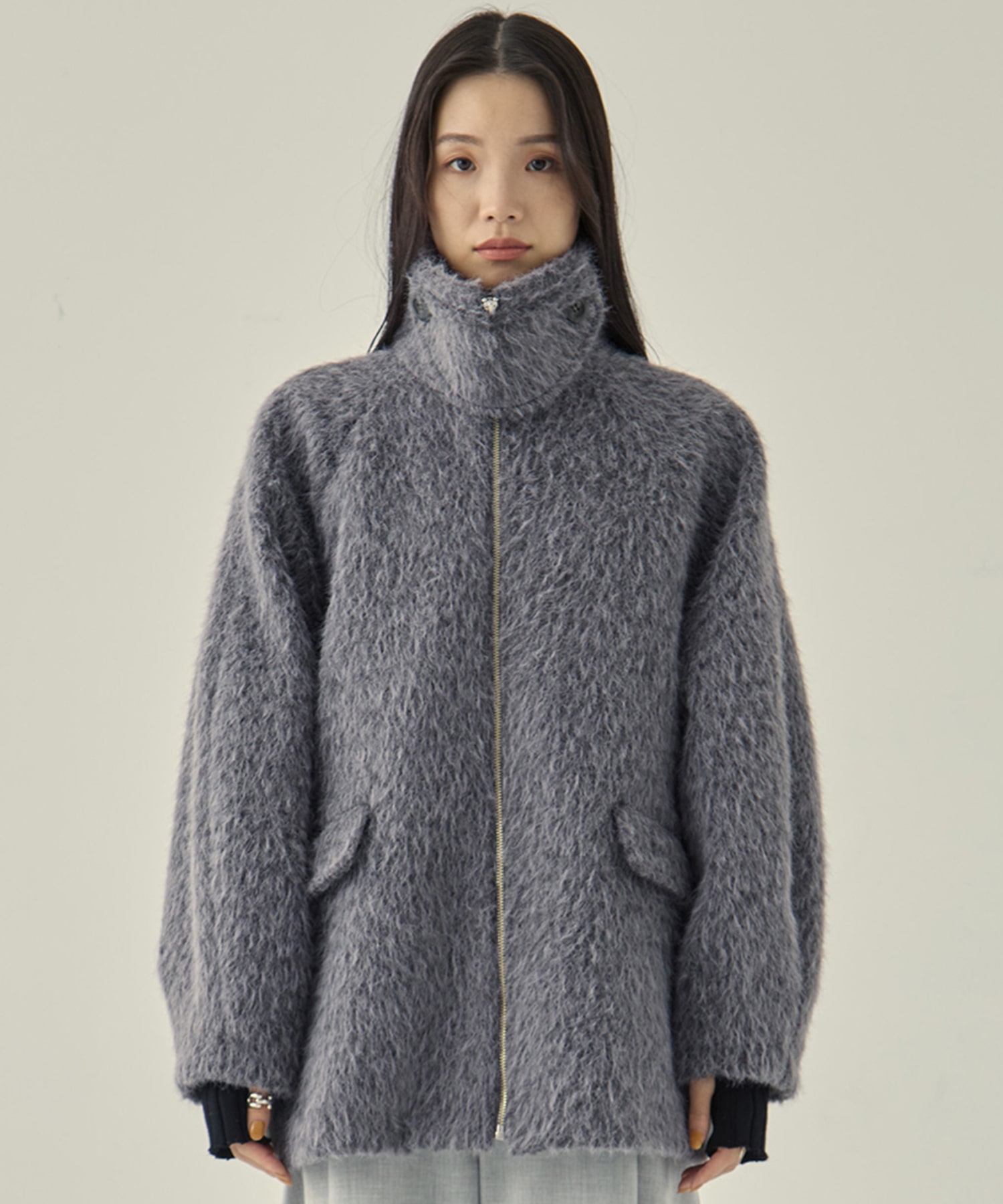 STAND COLLAR SHAGGY MIDDLE COAT STUDIOUS