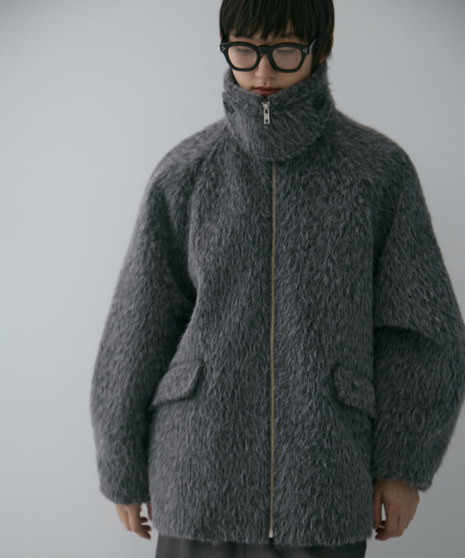 STAND COLLAR SHAGGY MIDDLE COAT(FREE DARK GREY): STUDIOUS: WOMENS