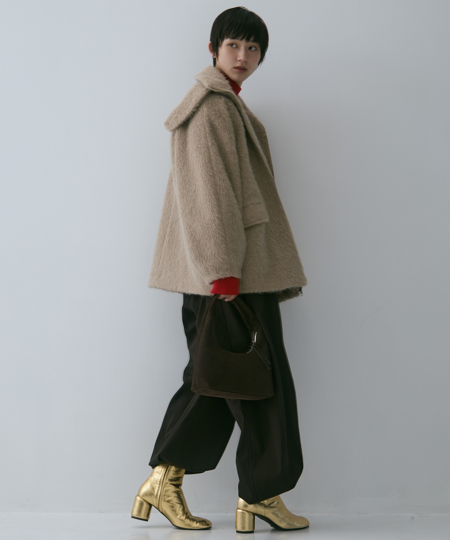 STAND COLLAR SHAGGY MIDDLE COAT STUDIOUS