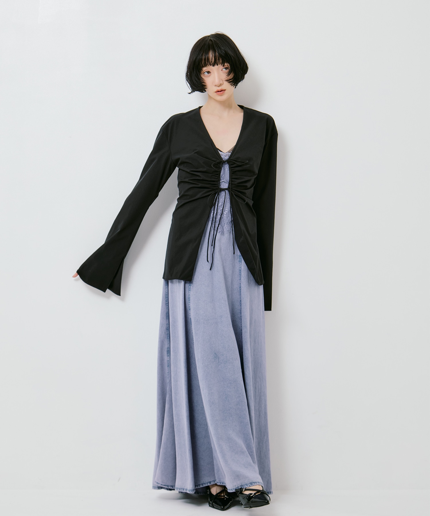 LACE DOCKING TENCEL DENIM FLARE DRESS AMERI