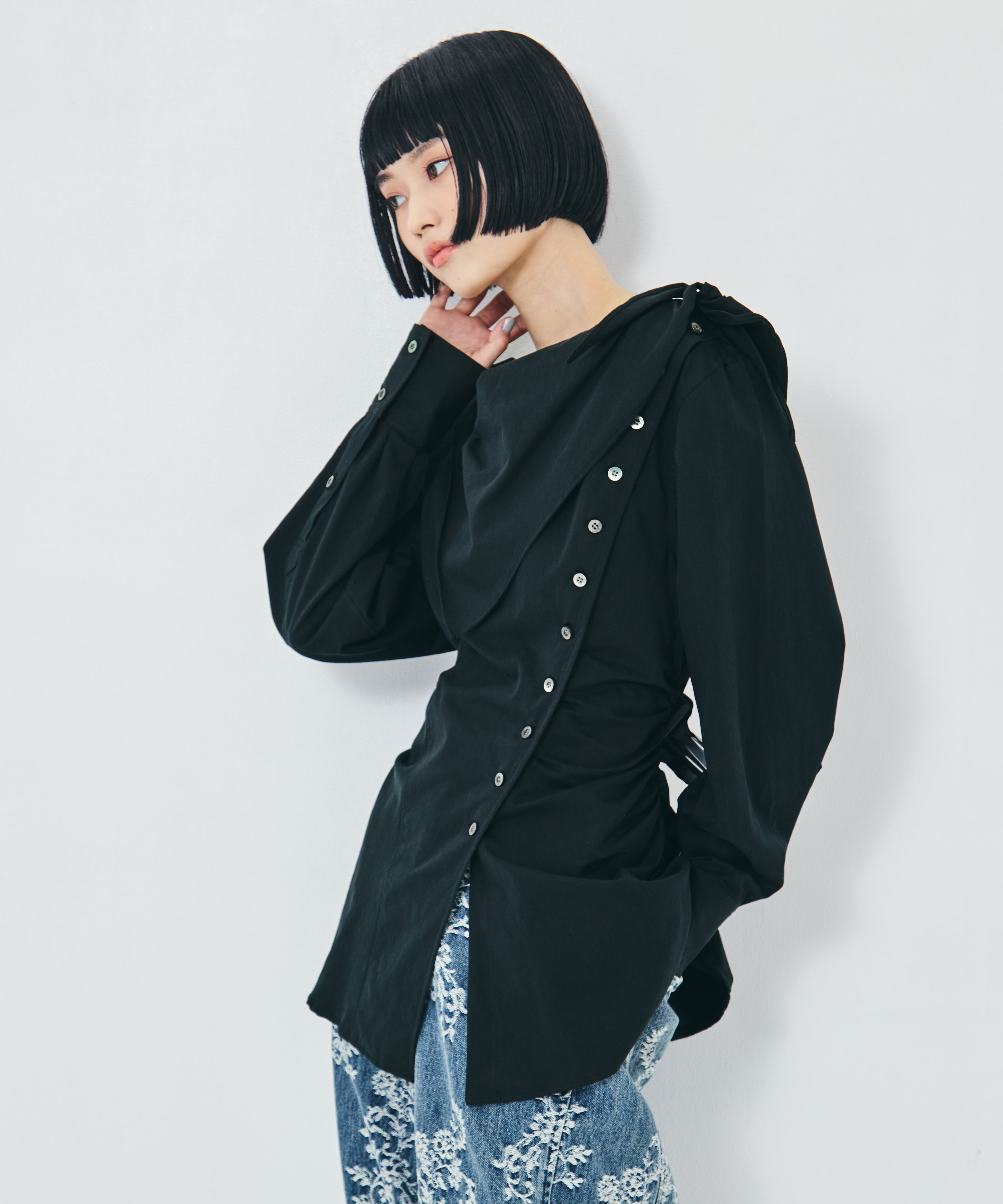 COTTON STRIPE SCARF COLLAR BLOUSE FETICO