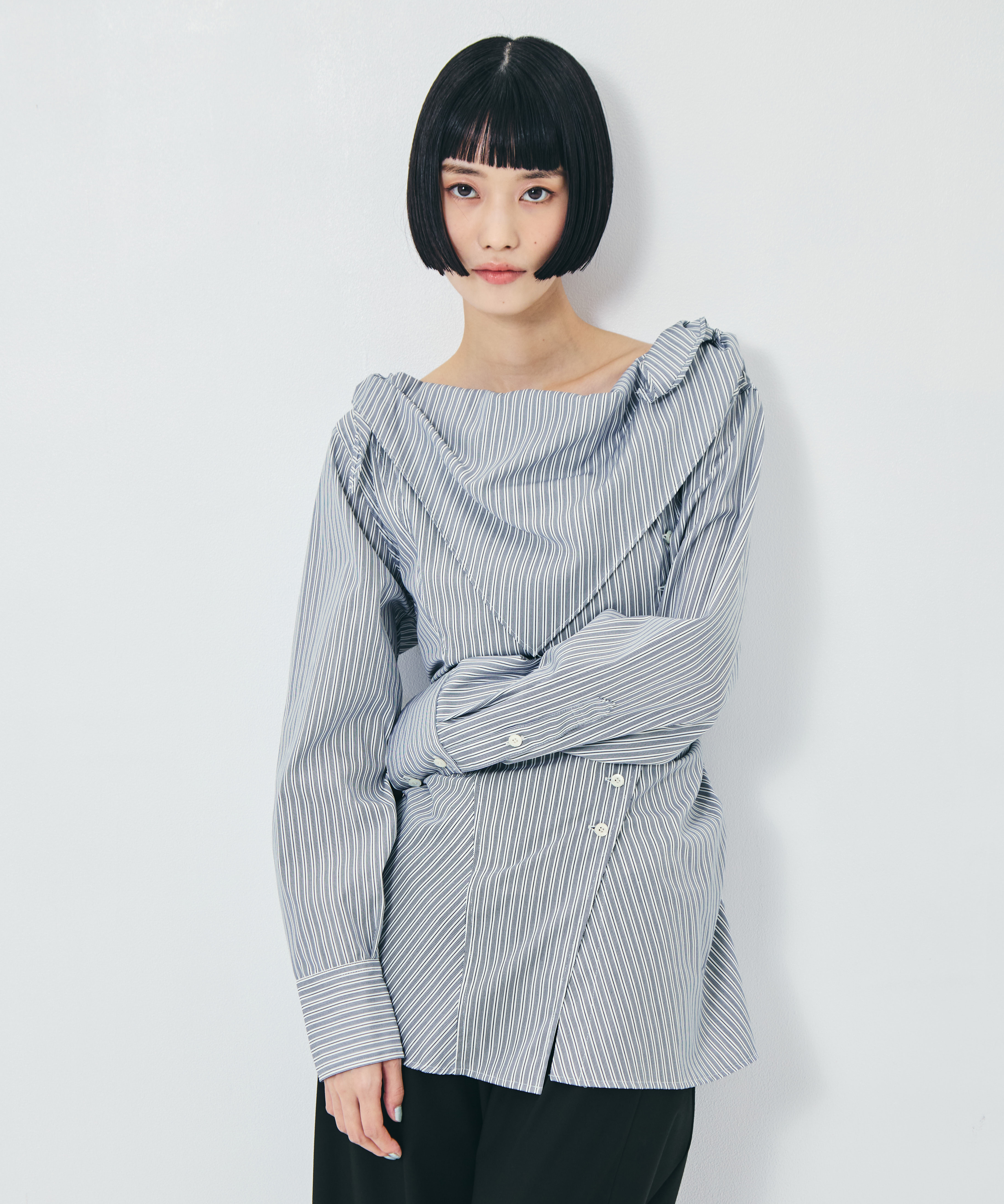 COTTON STRIPE SCARF COLLAR BLOUSE FETICO