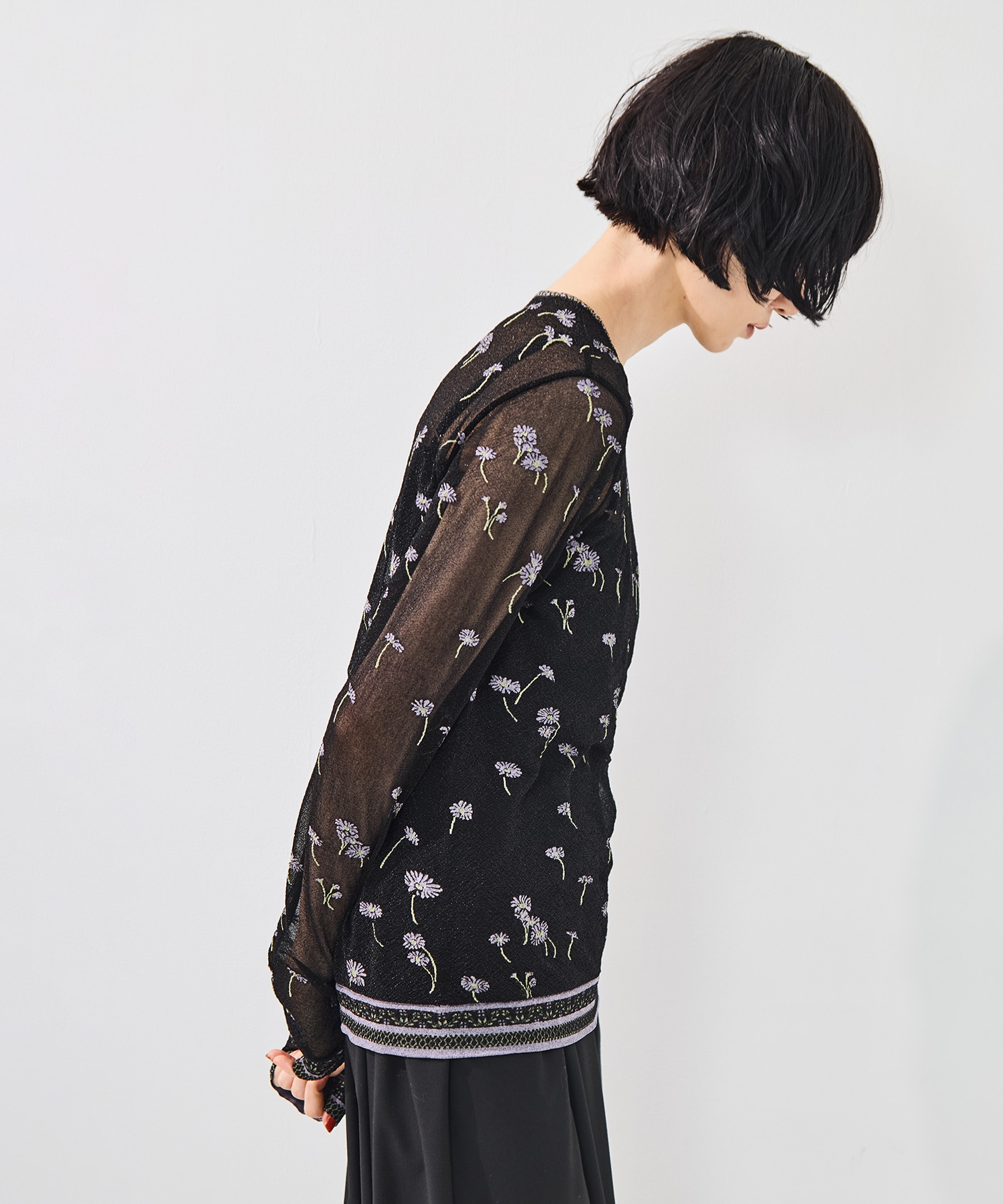 Floral Pattern Long Sleeve Sheer Knit Top Mame Kurogouchi