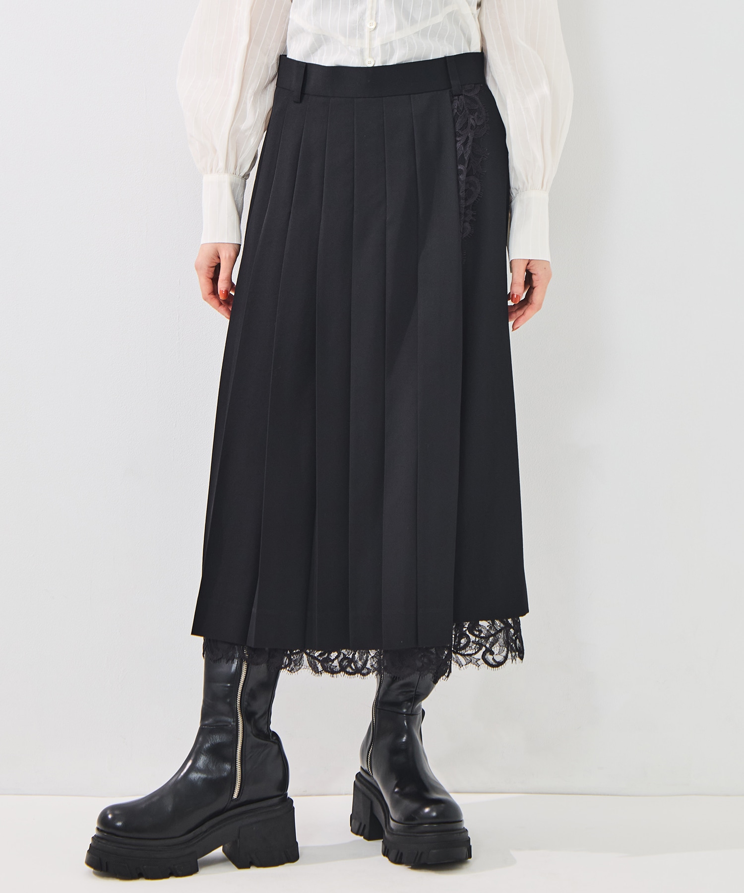 FINE WOOL PLEATED SKIRT WITH LACE TRIM(34 BLACK): FETICO: WOMENS