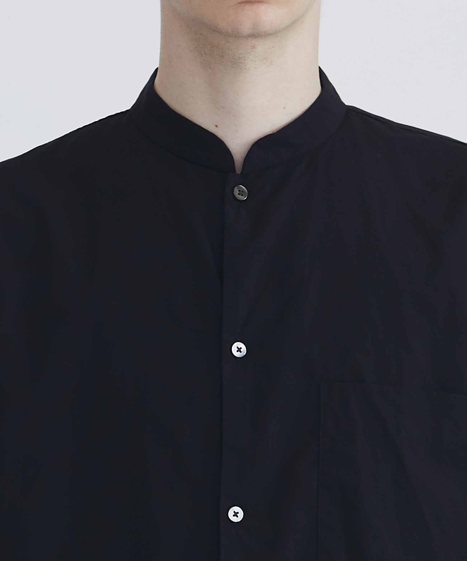 Chambray Stand Collar Cuffless Shirt blurhms