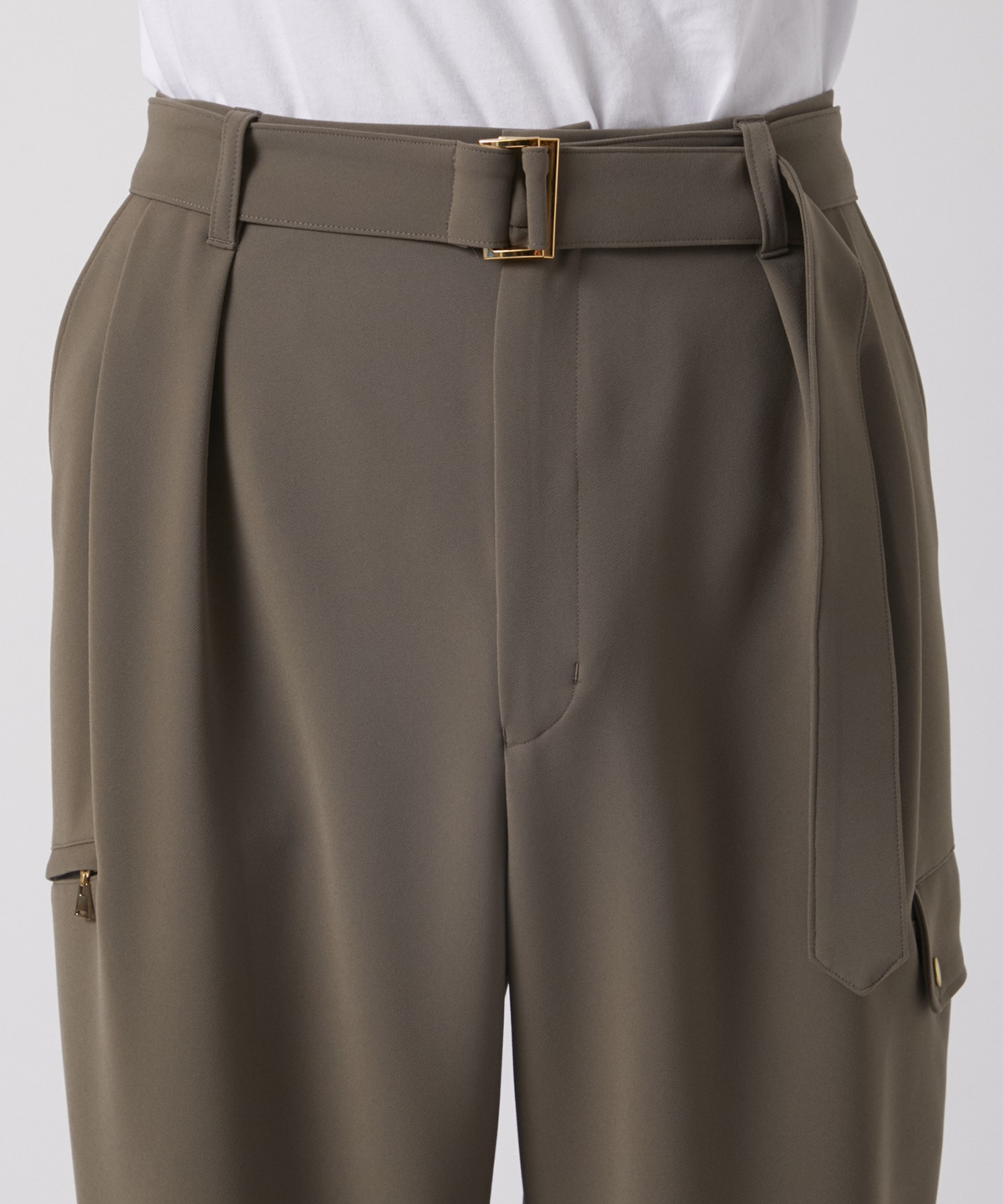 Stretch 2Way Double Cloth  2 Tuck Cargo Pants with Long Belt CULLNI