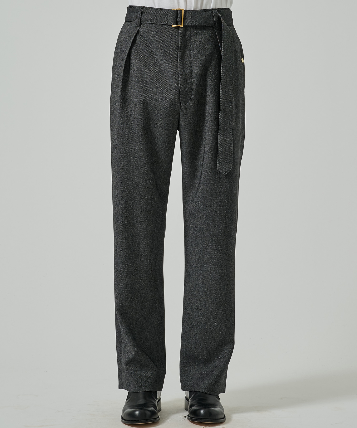Faux Denim 1Tuck Semi Wide Pants with Long Belt CULLNI