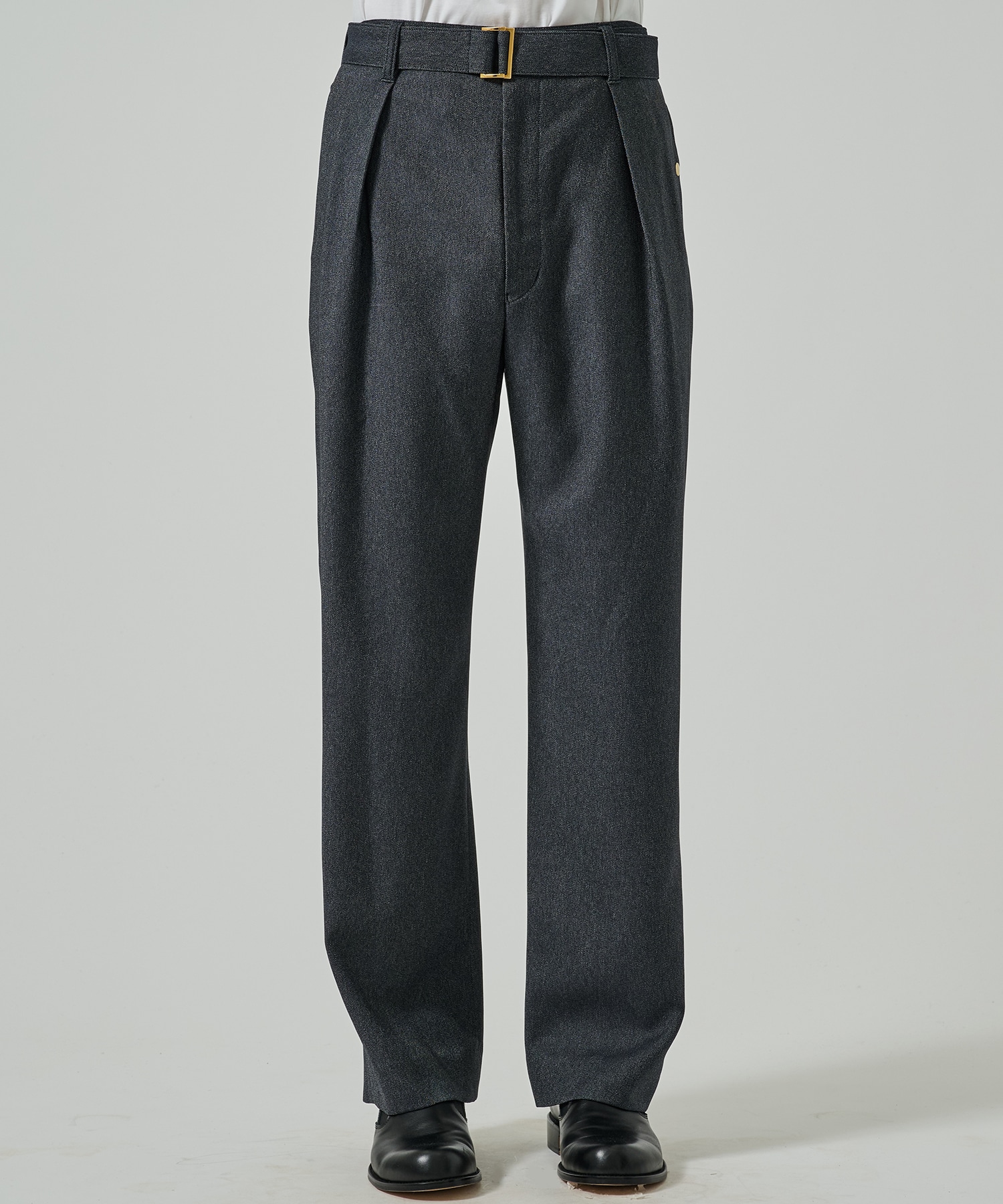 Faux Denim 1Tuck Semi Wide Pants with Long Belt CULLNI