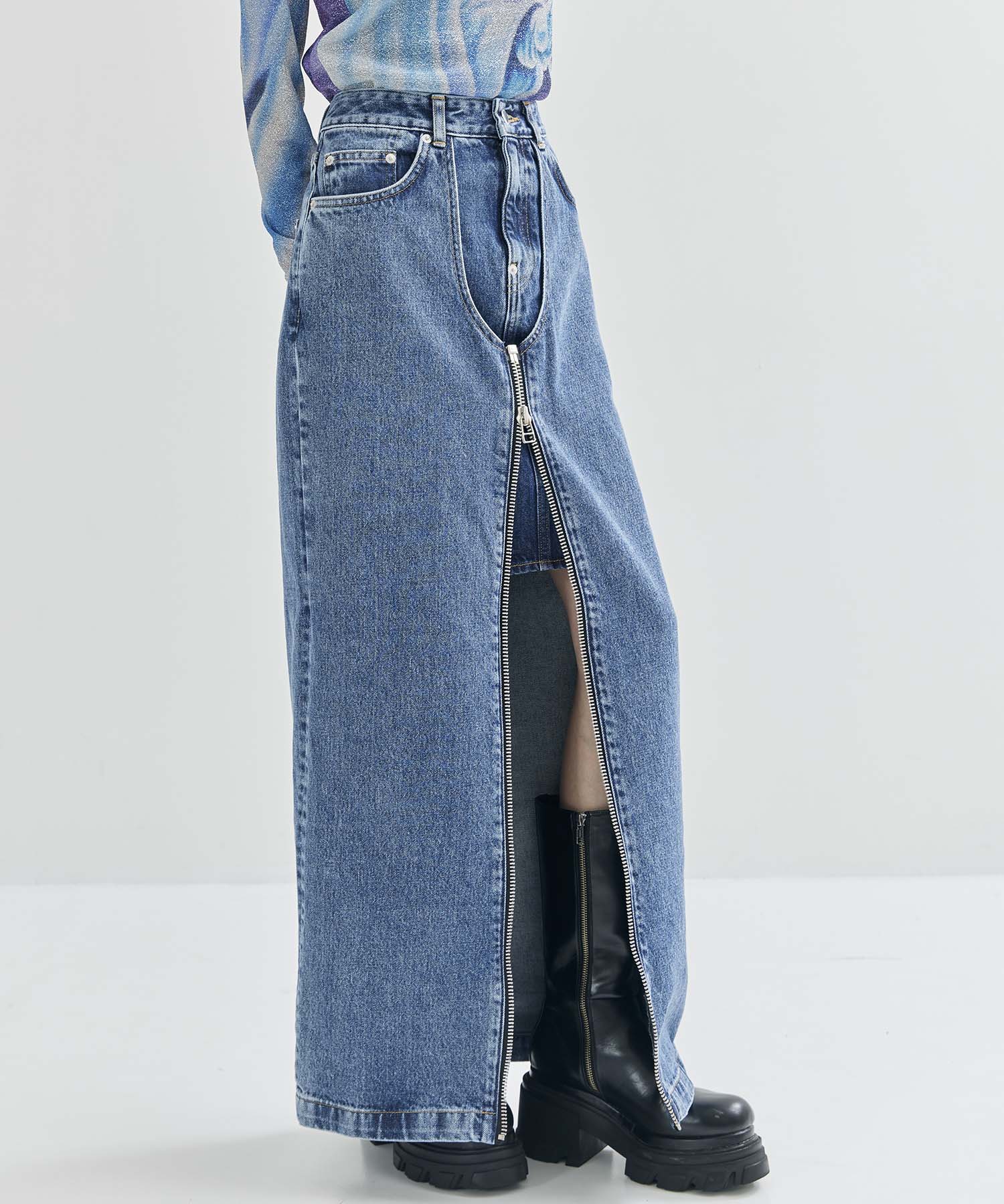 WASHED DENIM ZIPPED LONG SKIRT JOHN LAWRENCE SULLIVAN