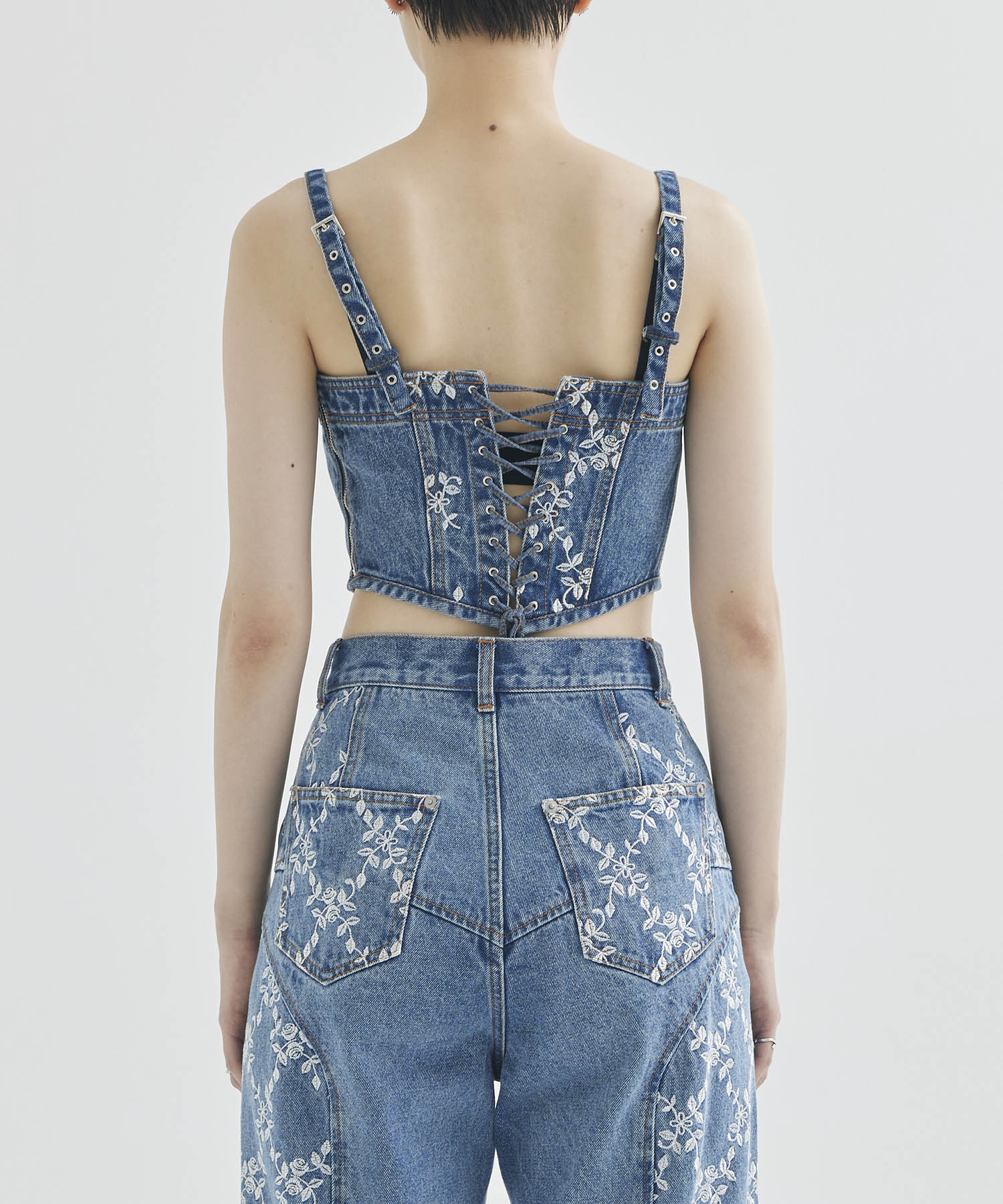 FLOWER EMBROIDERED DENIM BUSTIER FETICO