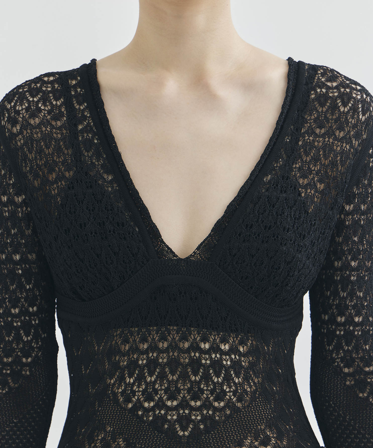 LACE KNIT V-NECK BODYSUITS FETICO