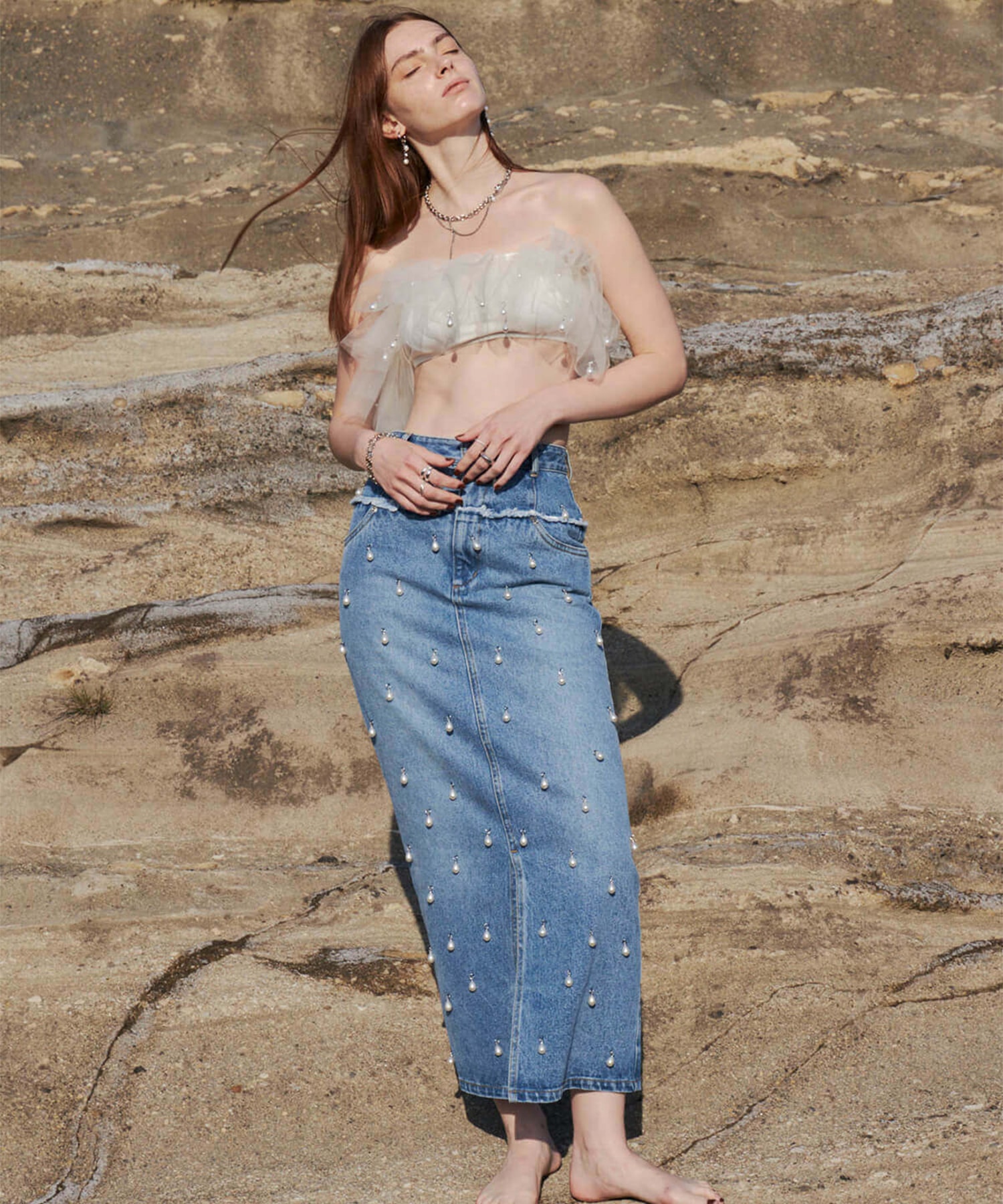 DENIM LONG SKIRT with PEARL JOSEMOON