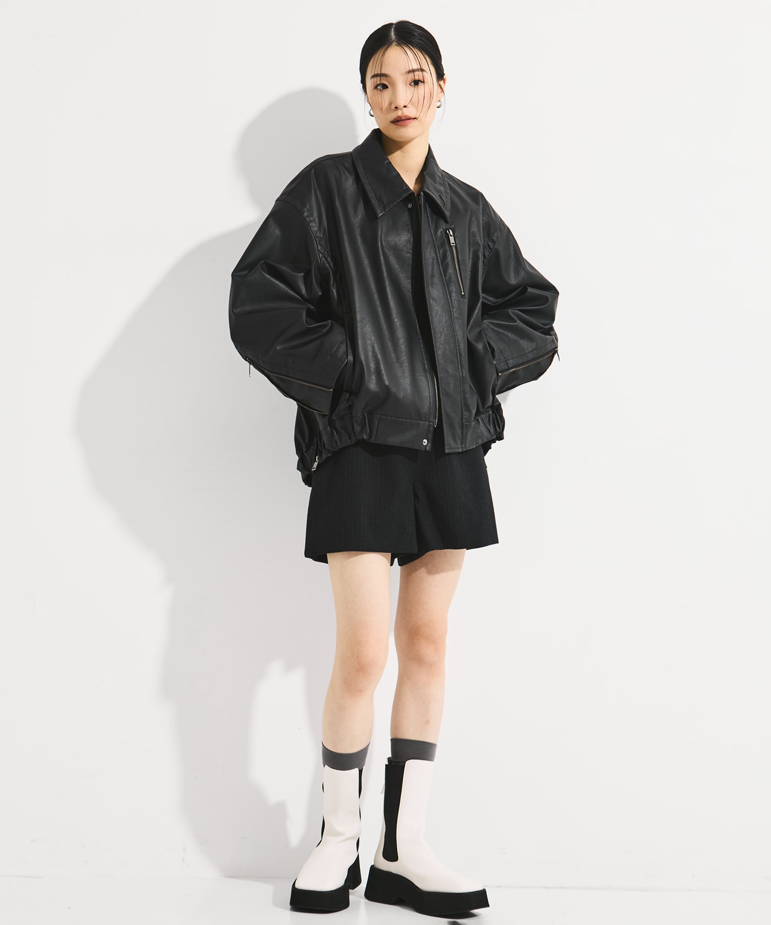Faux Leather Stand Collar Blouson STUDIOUS