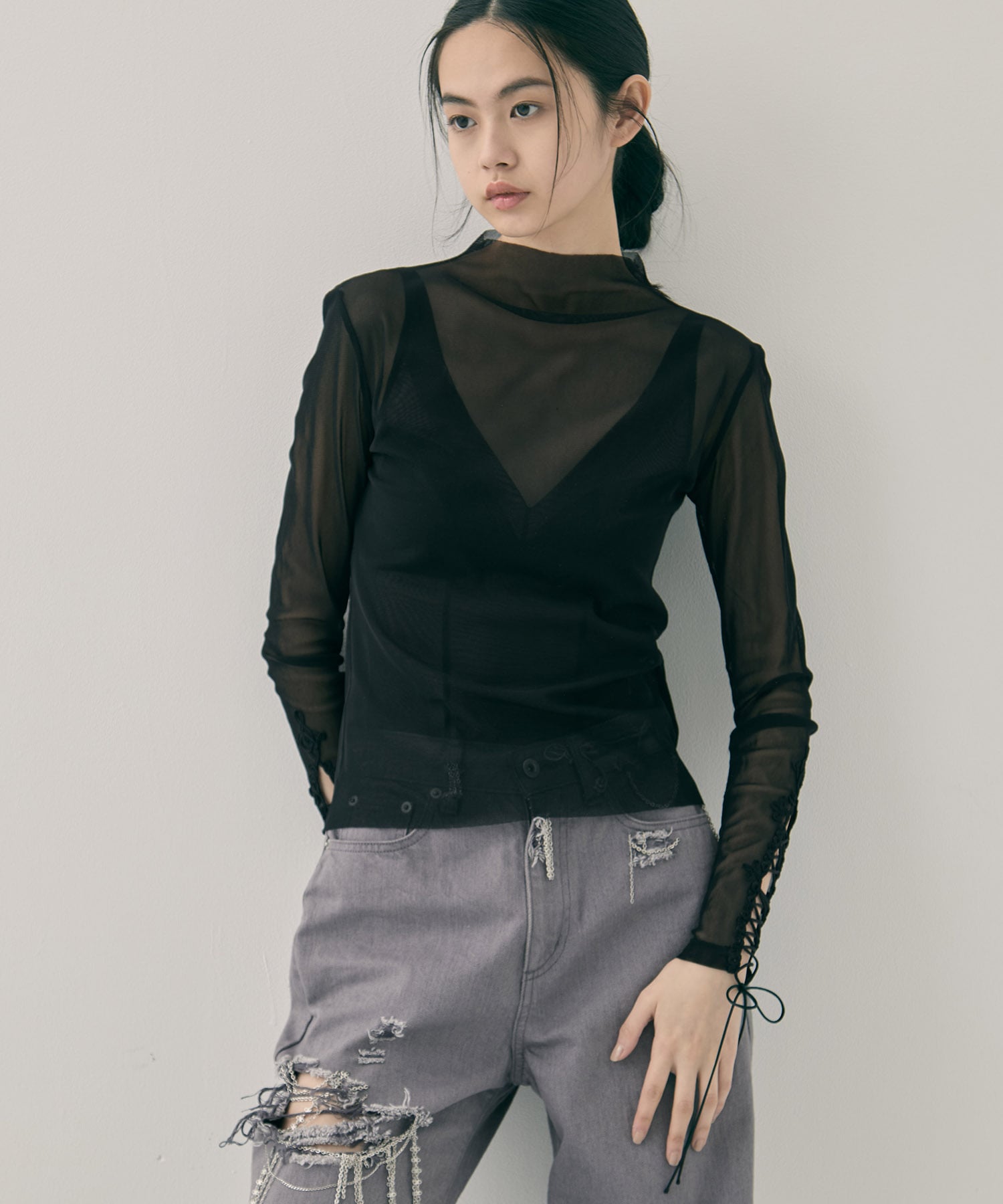 lace up sleeve sheer tops Beige tanakadaisuke