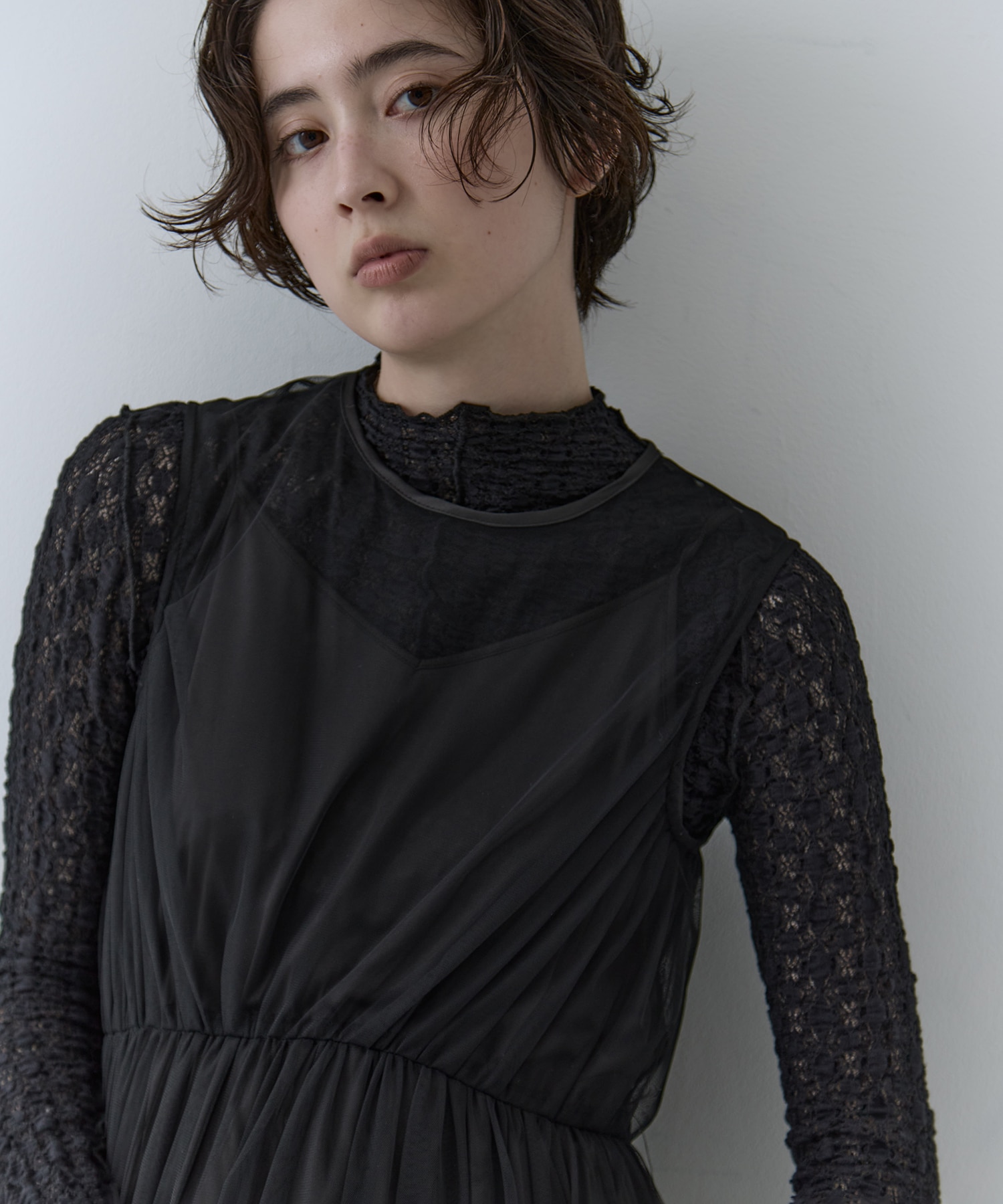 BLACK TULLE WAVE TIERED DRESS AMERI