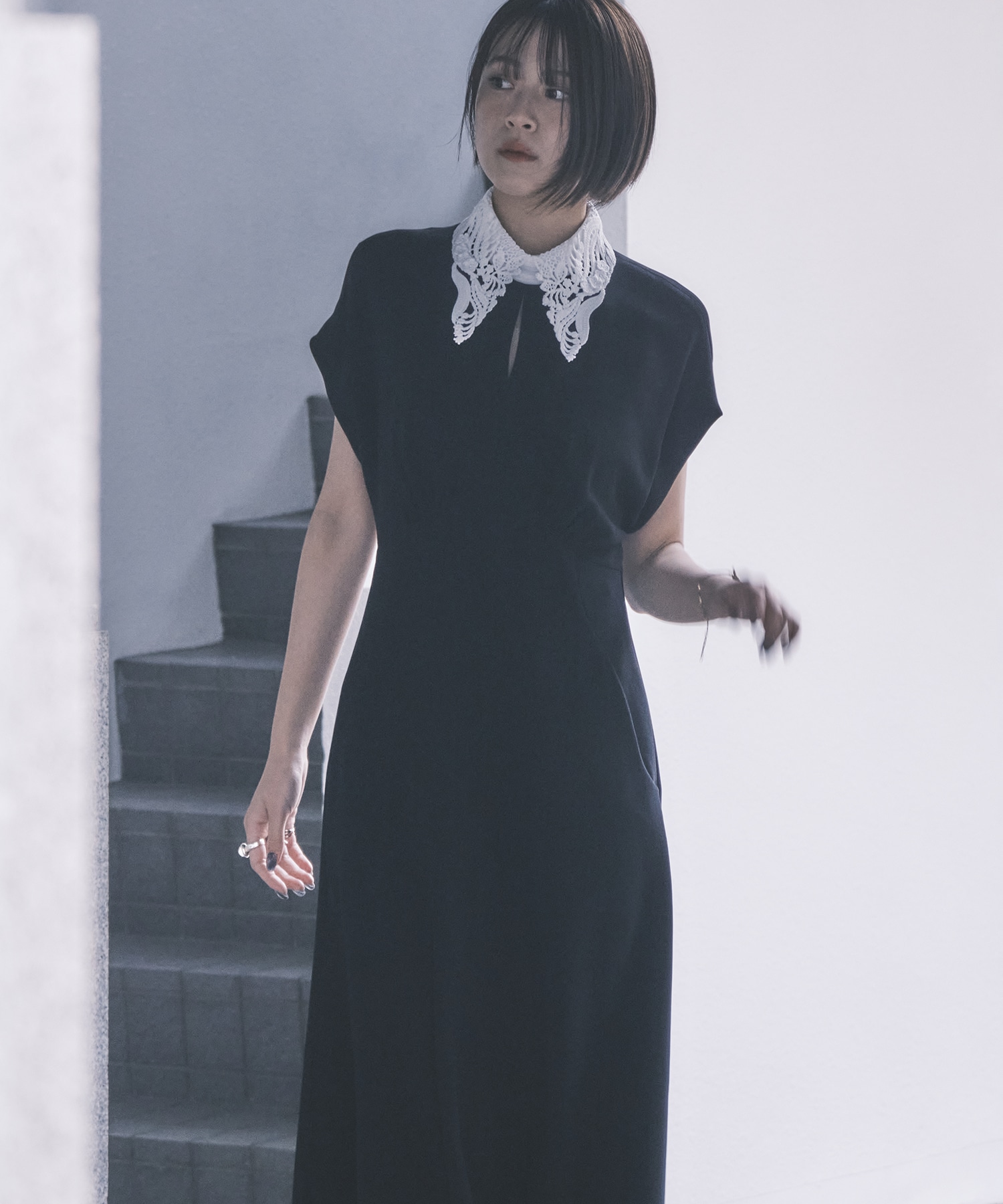Triacetate Georgette Embroidered Collar Flared Dress Mame Kurogouchi
