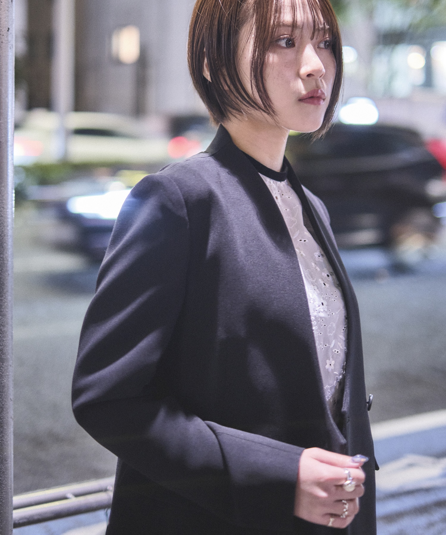 Acetate Polyester Collarless Double Breasted Suit Jacket Mame Kurogouchi