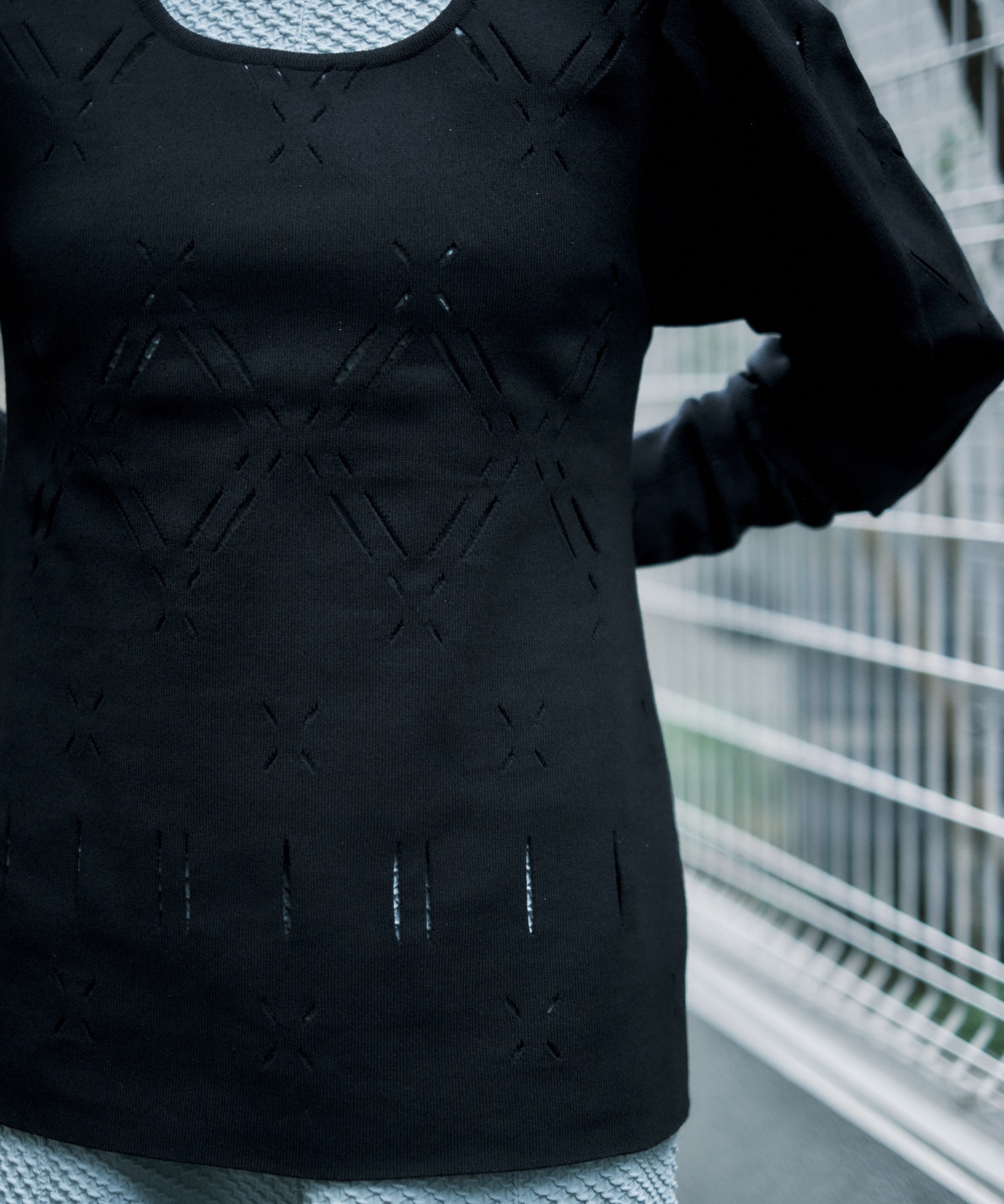 Eyelet High Neck Knitted Top Mame Kurogouchi