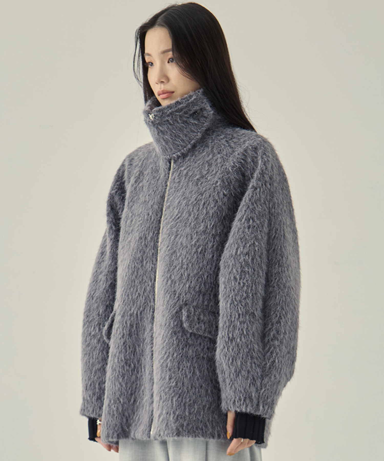 STAND COLLAR SHAGGY MIDDLE COAT STUDIOUS