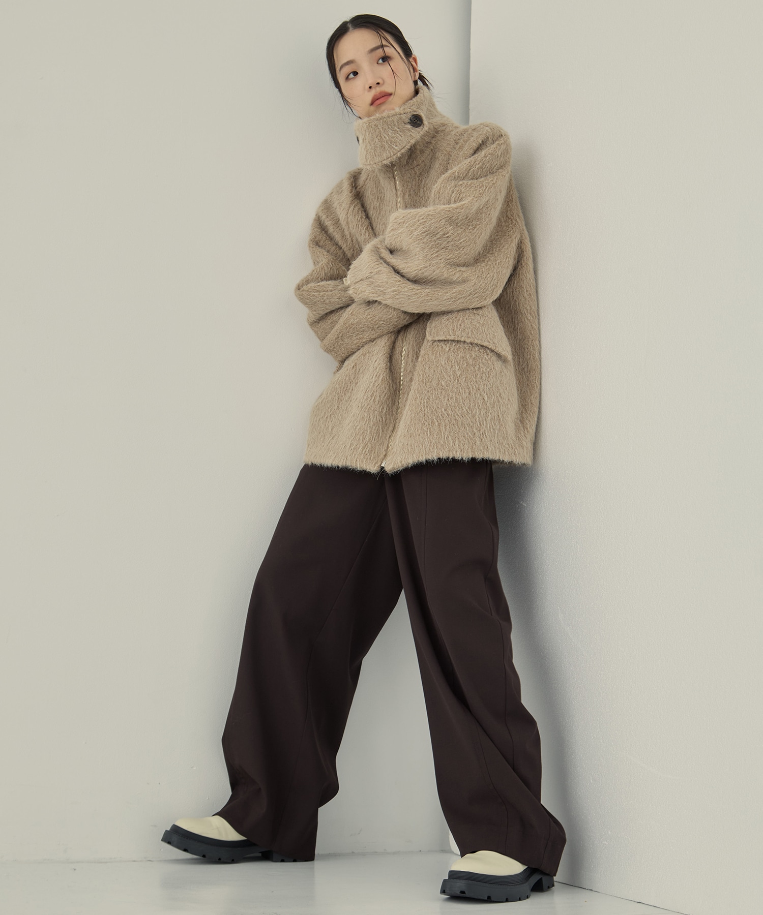 STAND COLLAR SHAGGY MIDDLE COAT STUDIOUS