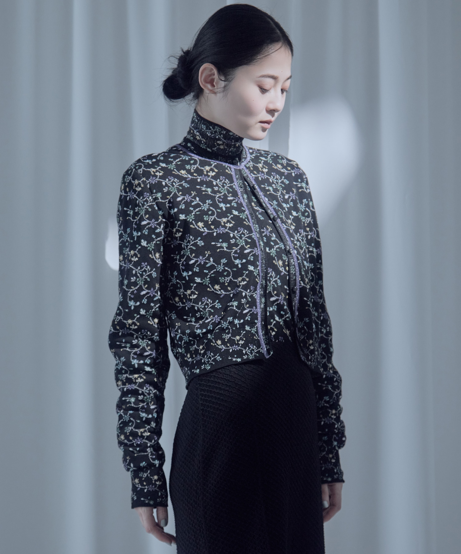 Floral Motif Glitter Knit Cardigan Mame Kurogouchi