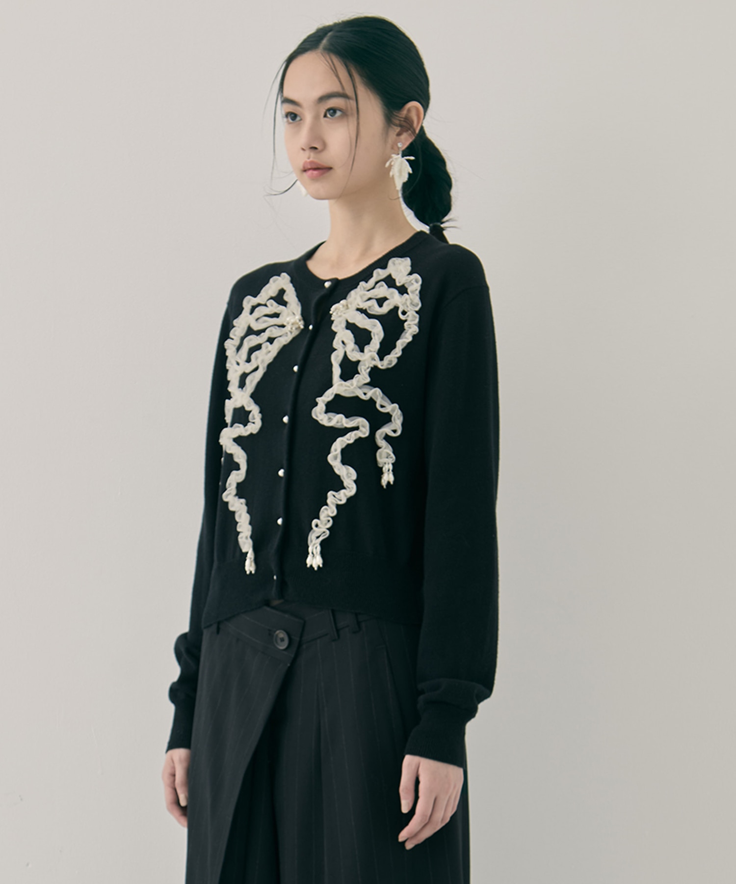 Ribbon tulle pearl embroidery cardigan tanakadaisuke