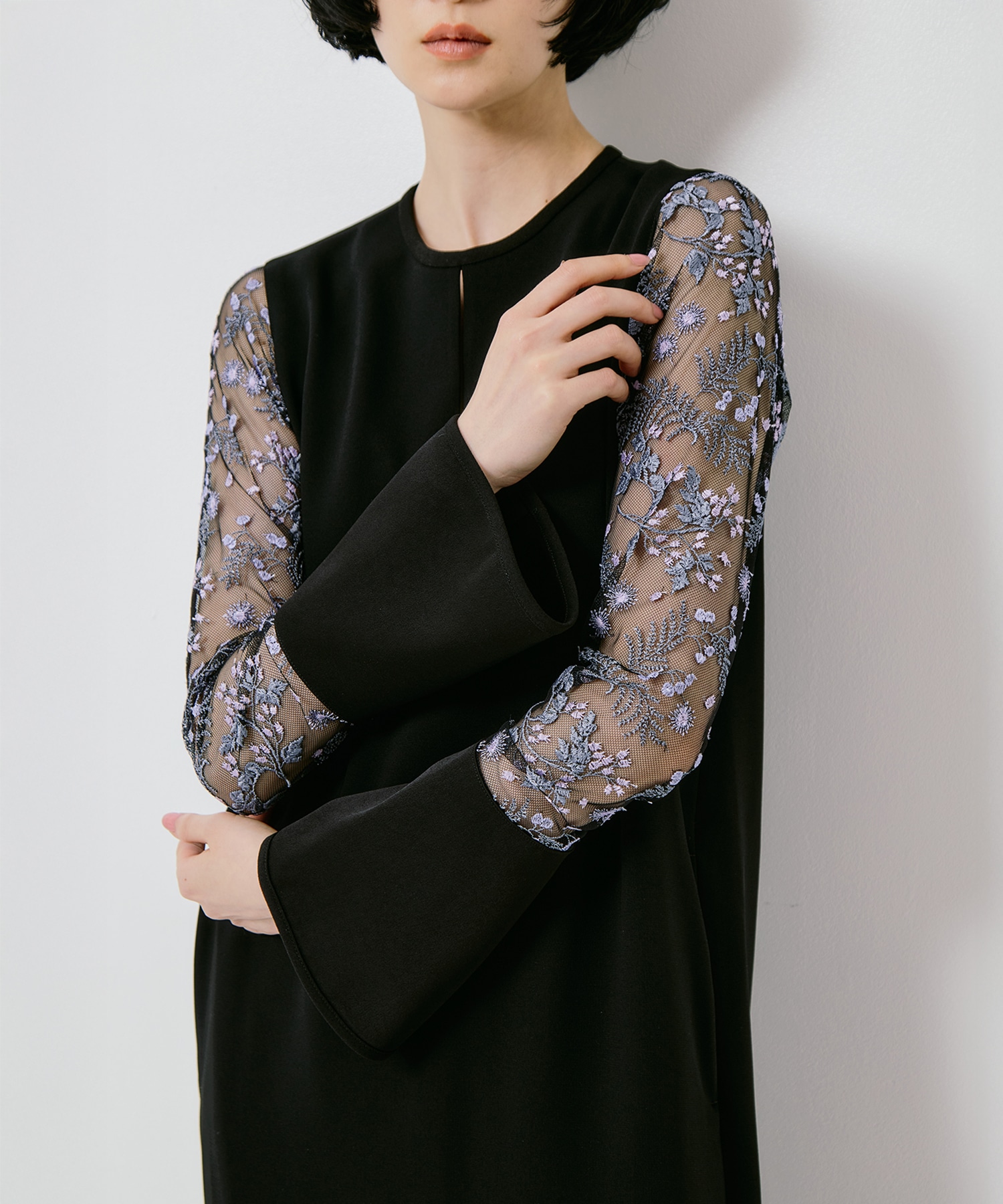 Tulle Lace Sleeve Classic Dress(1 BLACK): Mame Kurogouchi: WOMENS