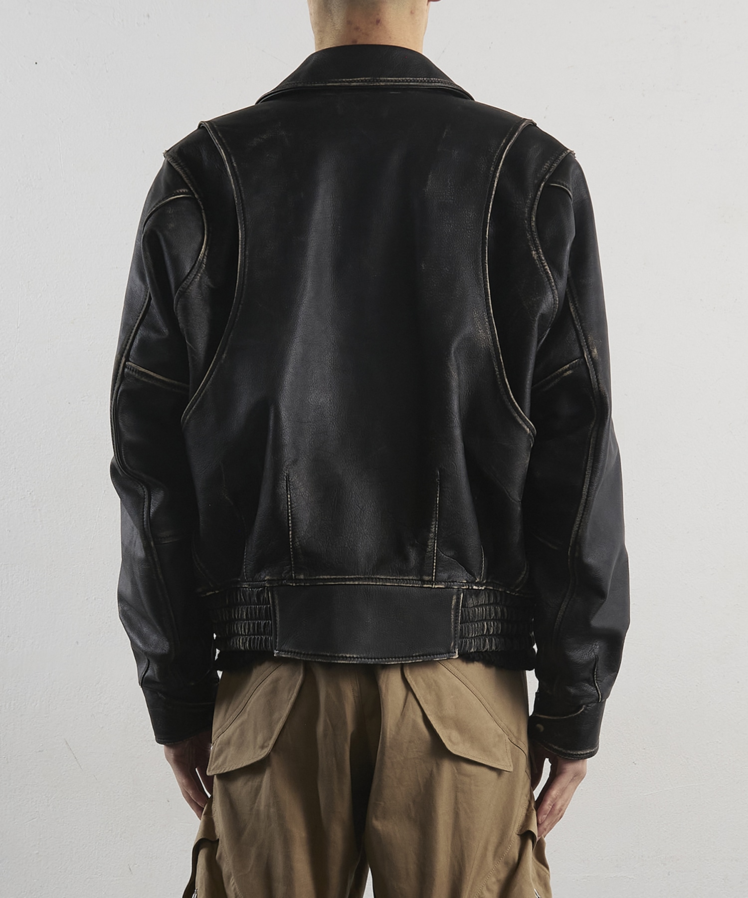 DISTRESSED LEATHER BOMBER JACKET NVRFRGT