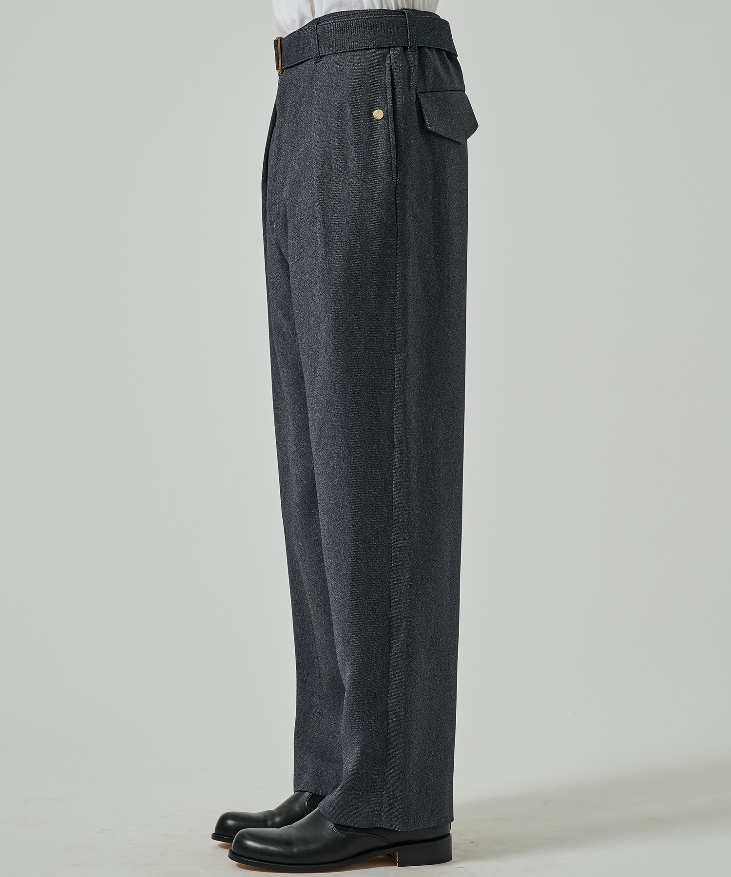 Faux Denim 1Tuck Semi Wide Pants with Long Belt CULLNI