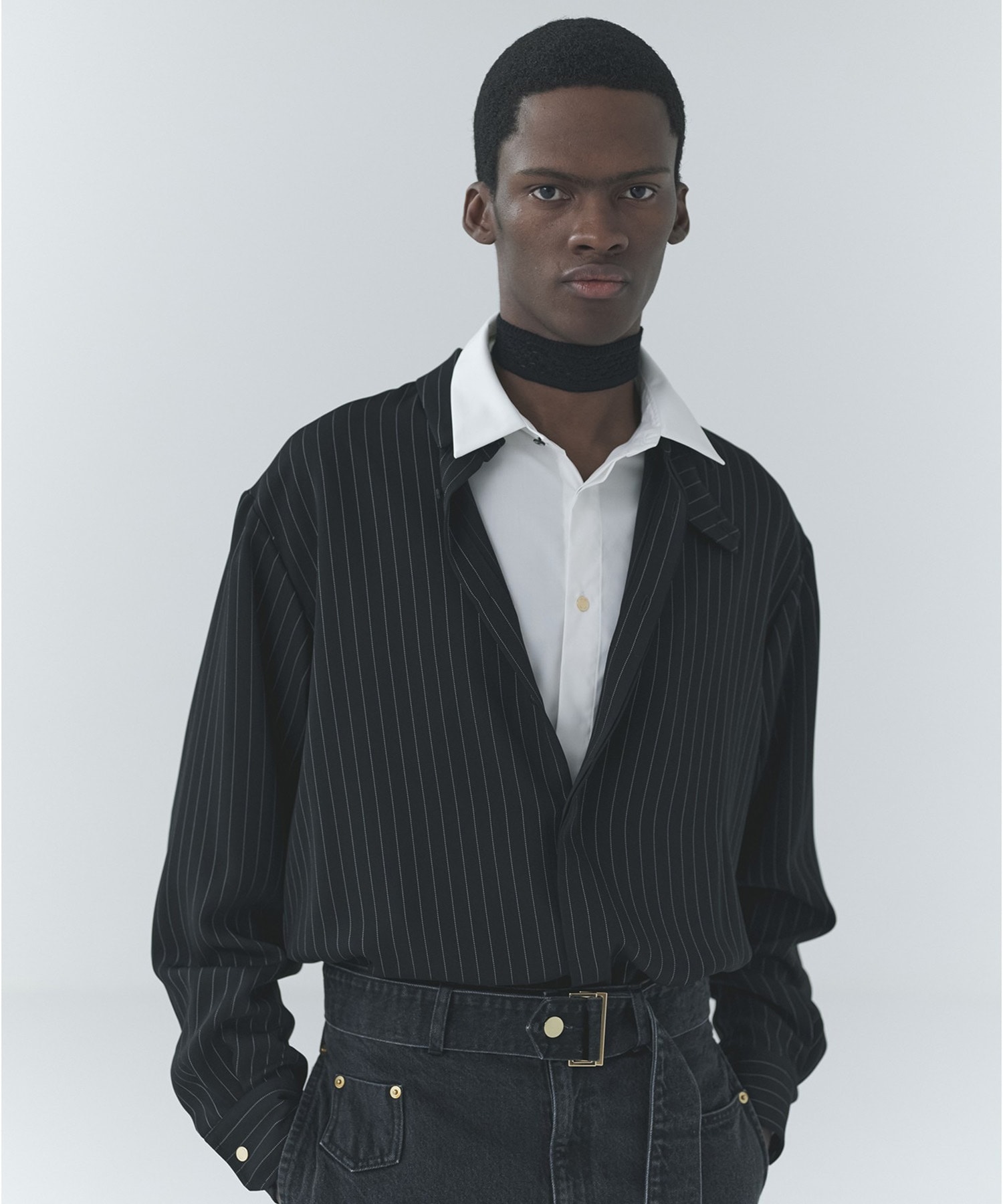 Stripe Double Cloth Chin Tab Long Sleeve Shirt CULLNI