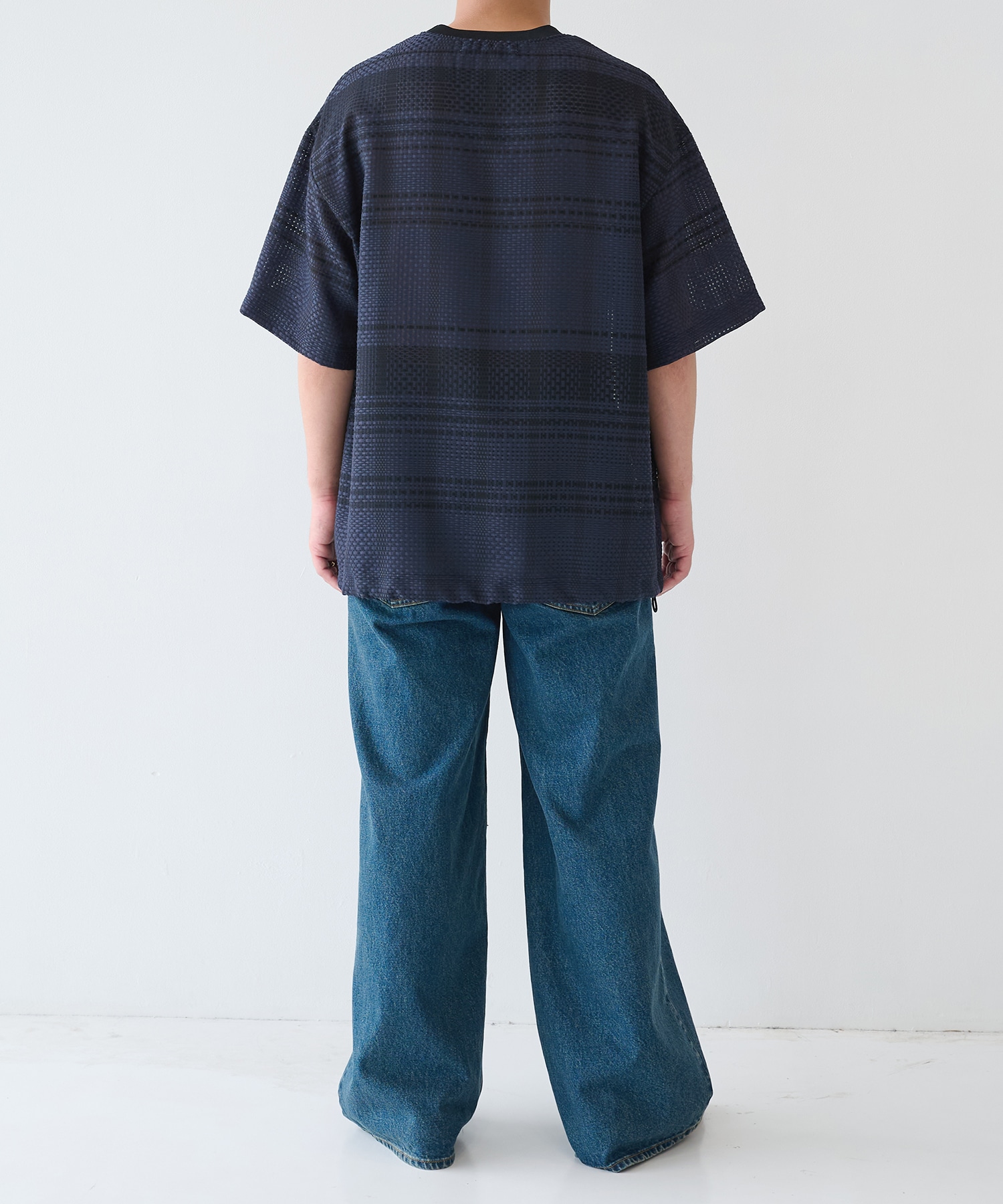 Sheer Tile Check Drawstring Short Sleeve Pullover CULLNI