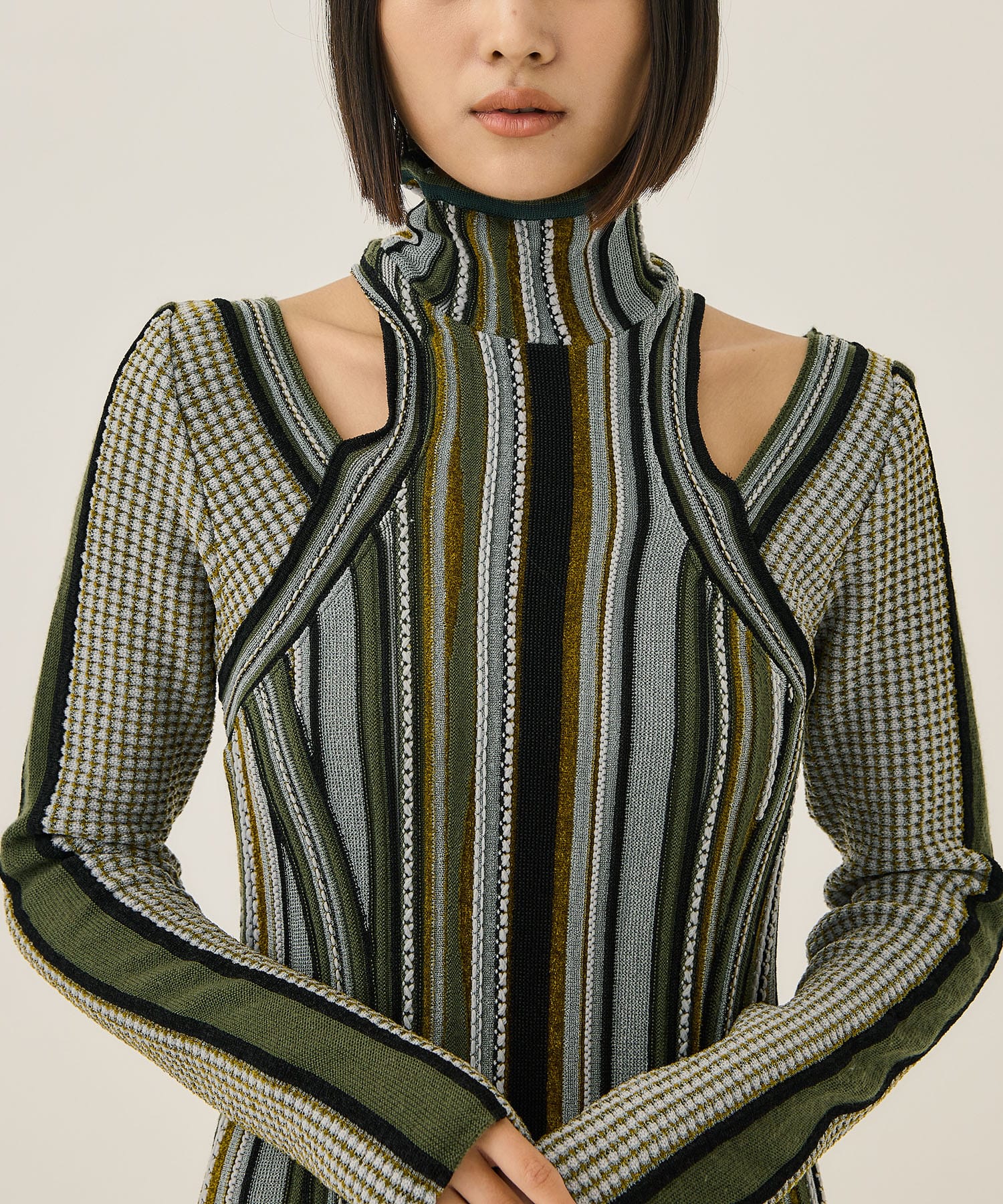 Stripe Jacquard High Neck Knitted Dress(1 KHAKI): Mame Kurogouchi