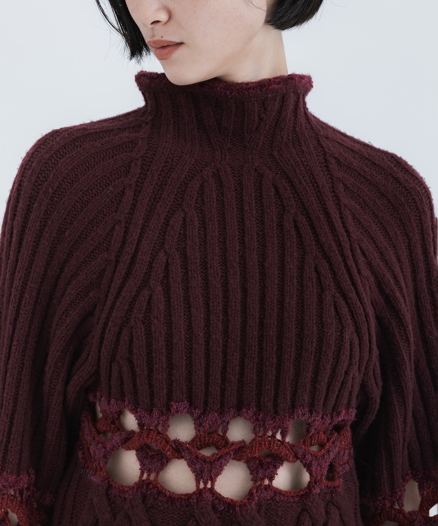 Basket Pattern Combination Knitted Pullover(2 WINE): Mame