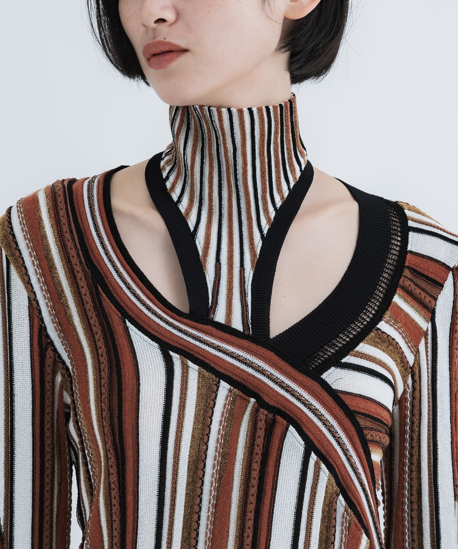 Stripe Jacquard High Neck Knitted Top Mame Kurogouchi