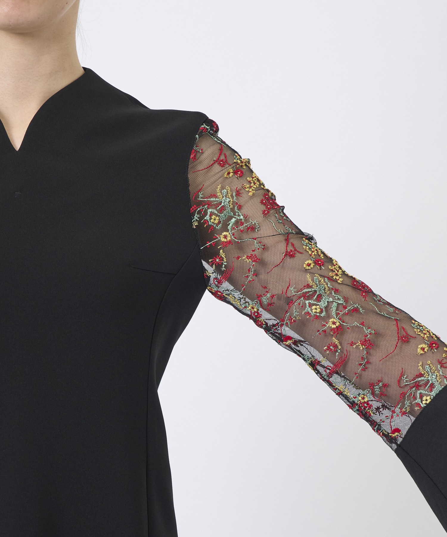 Acetate Polyester Floral Lace-Sleeve Shirt Mame Kurogouchi