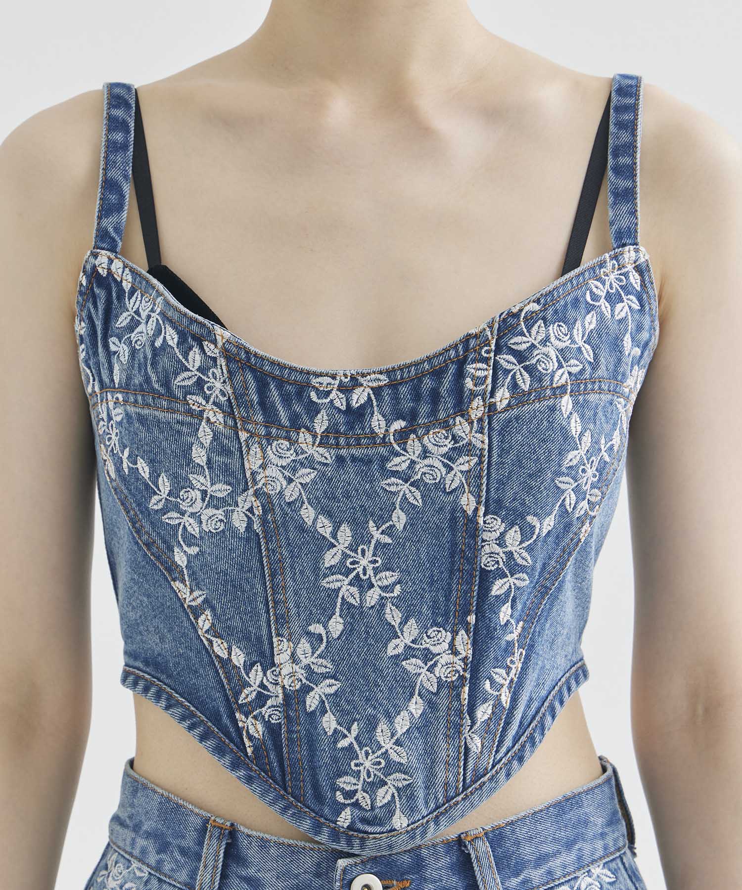 FLOWER EMBROIDERED DENIM BUSTIER FETICO