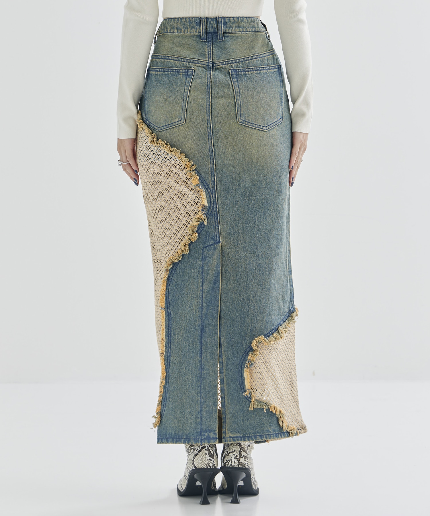 lace docking maxi denim skirt tanakadaisuke