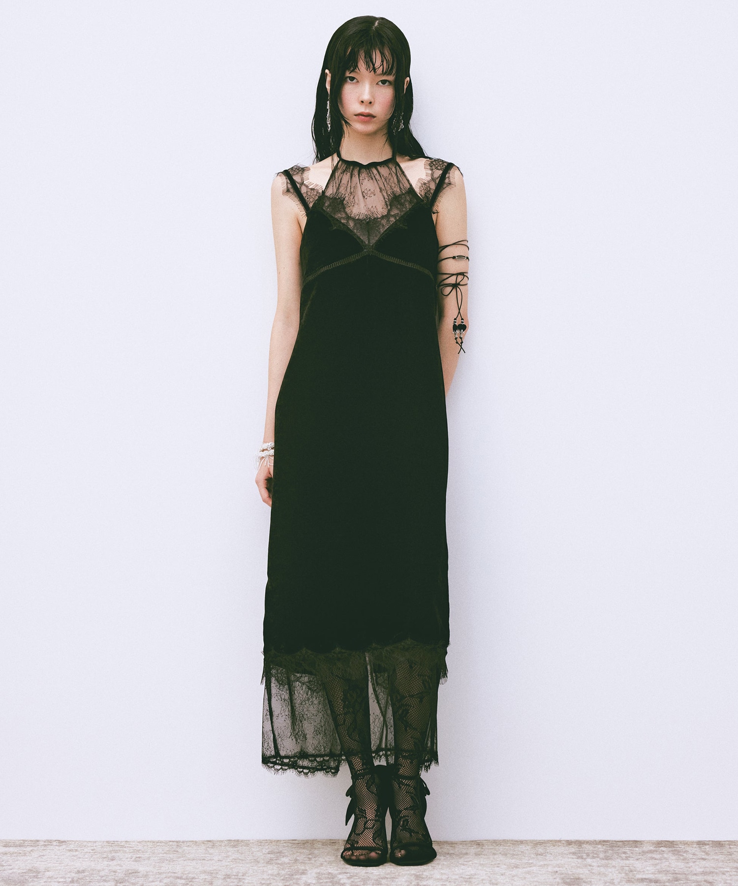 flower lace black velour camisole dress tanakadaisuke