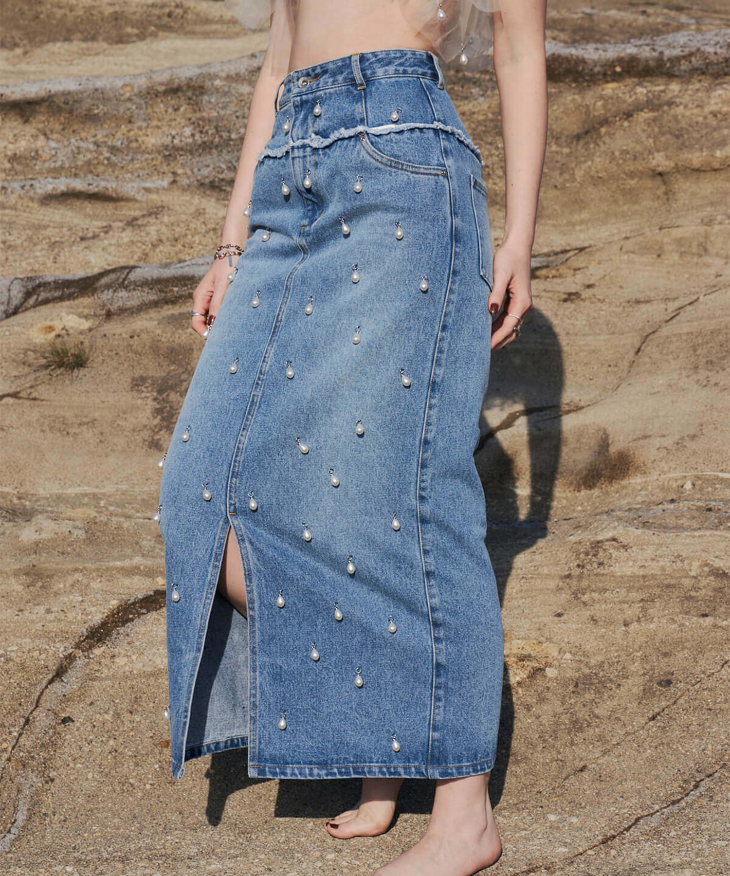 DENIM LONG SKIRT with PEARL JOSEMOON